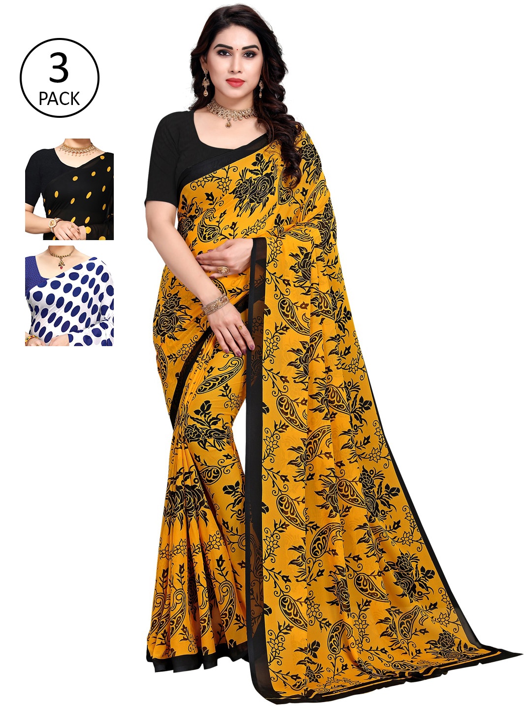 

KALINI Women Pack of 3 Printed Poly Georgette Sarees, Black