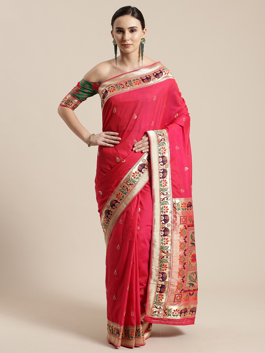 

Saree mall Pink & Navy Blue Ethnic Motifs Silk Blend Sarees