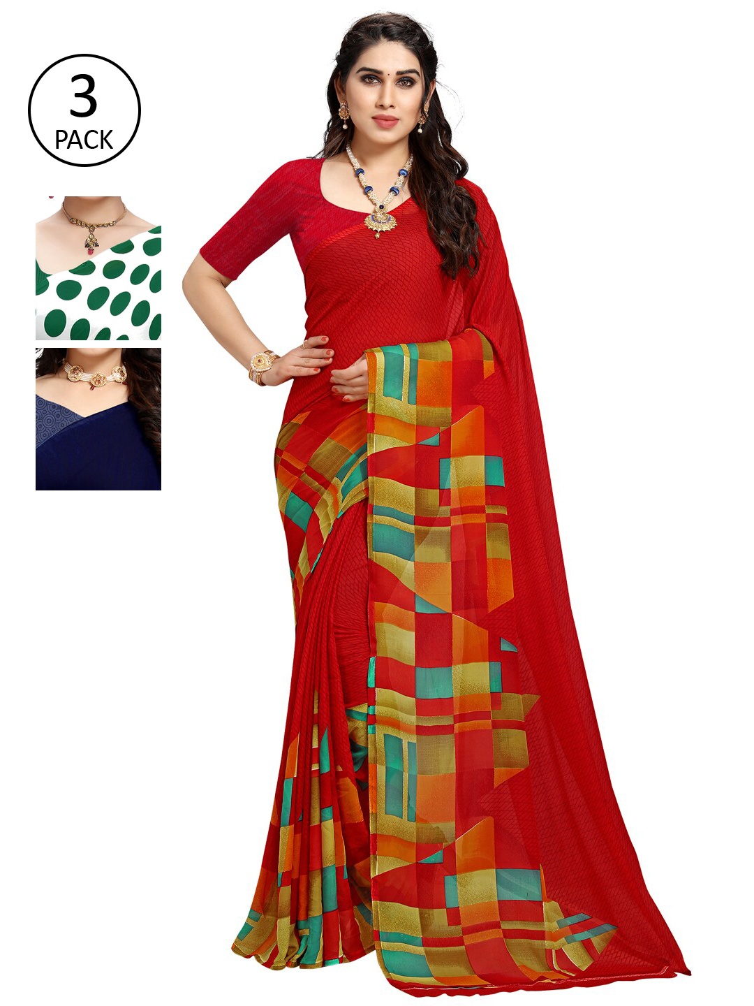 

KALINI Pack Of 3 Multicoloured Poly Georgette Sarees, Multi