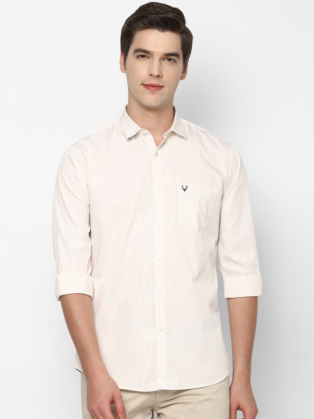

Allen Solly Men Cream-Coloured Slim Fit Striped Casual Shirt
