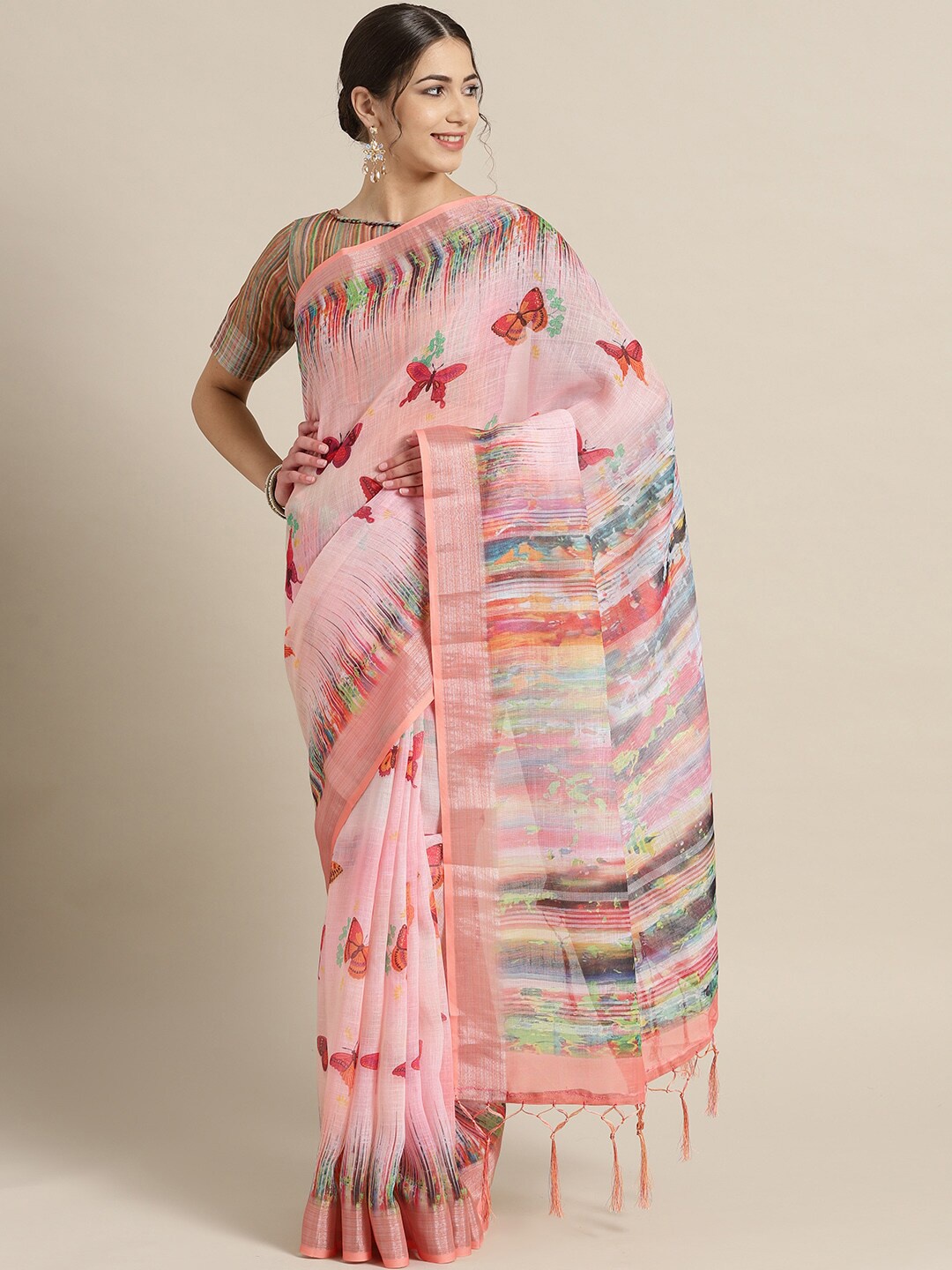 

Saree mall Pink & Red Linen Blend Sarees