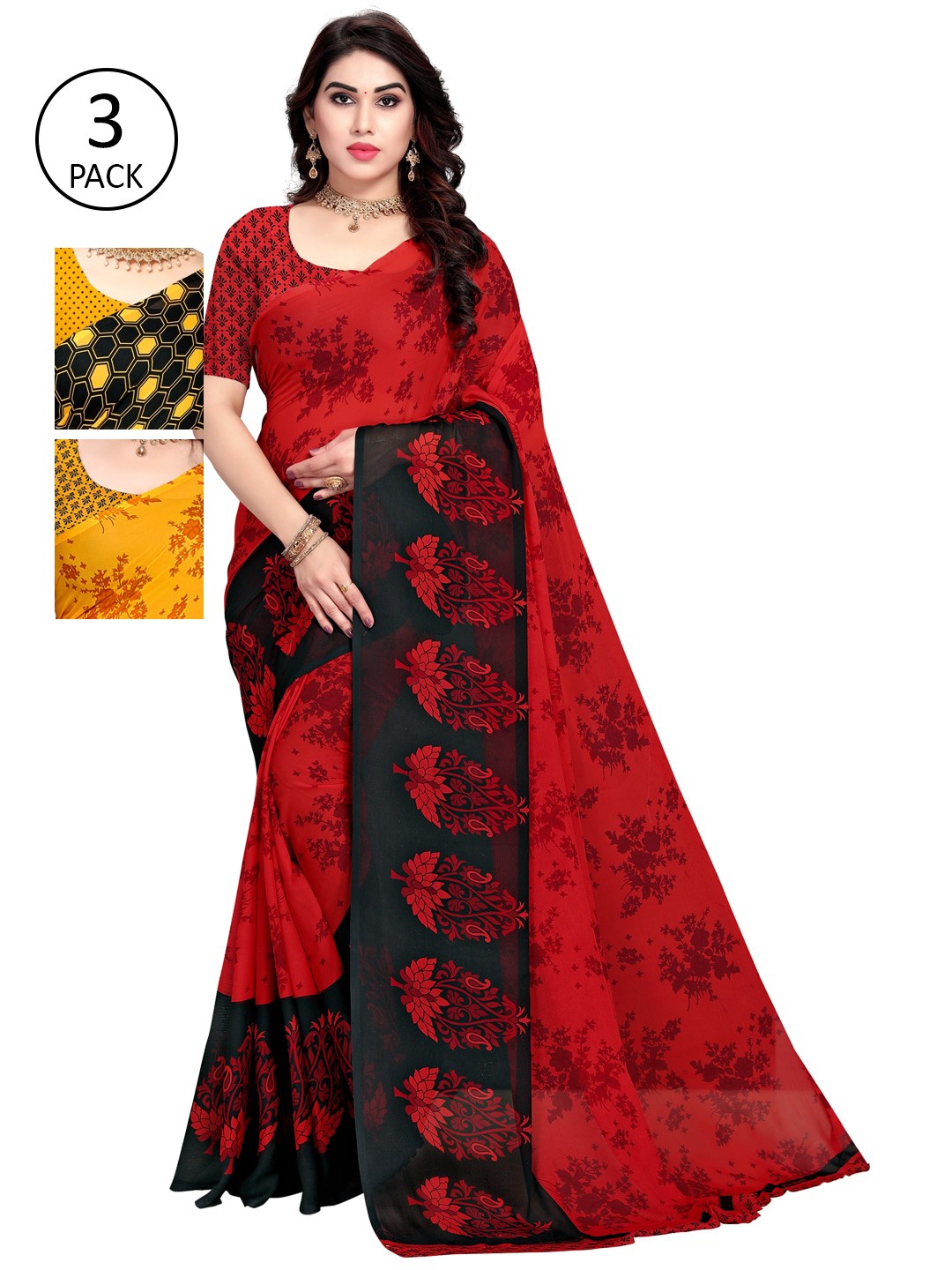 

KALINI Pack of 3 Black & Yellow Saree