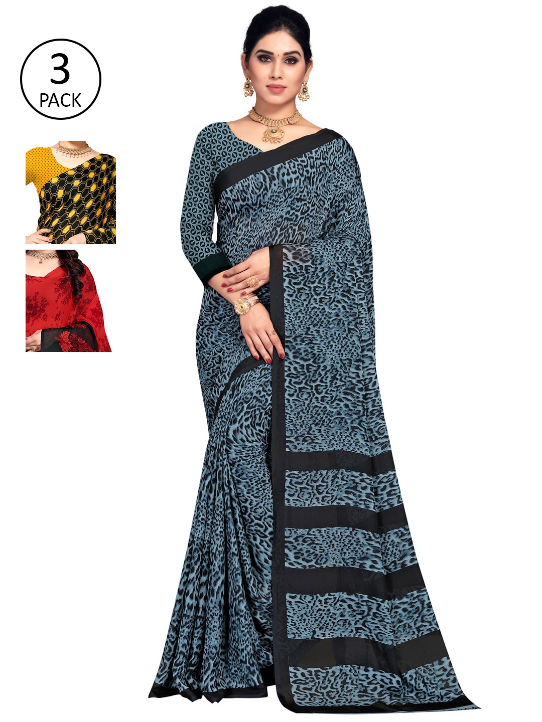 

KALINI Pack of 3 Printed Poly Georgette Saree, Multi