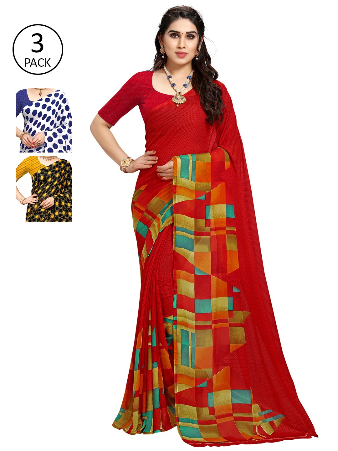 

KALINI Pack of 3 Yellow & Black Saree