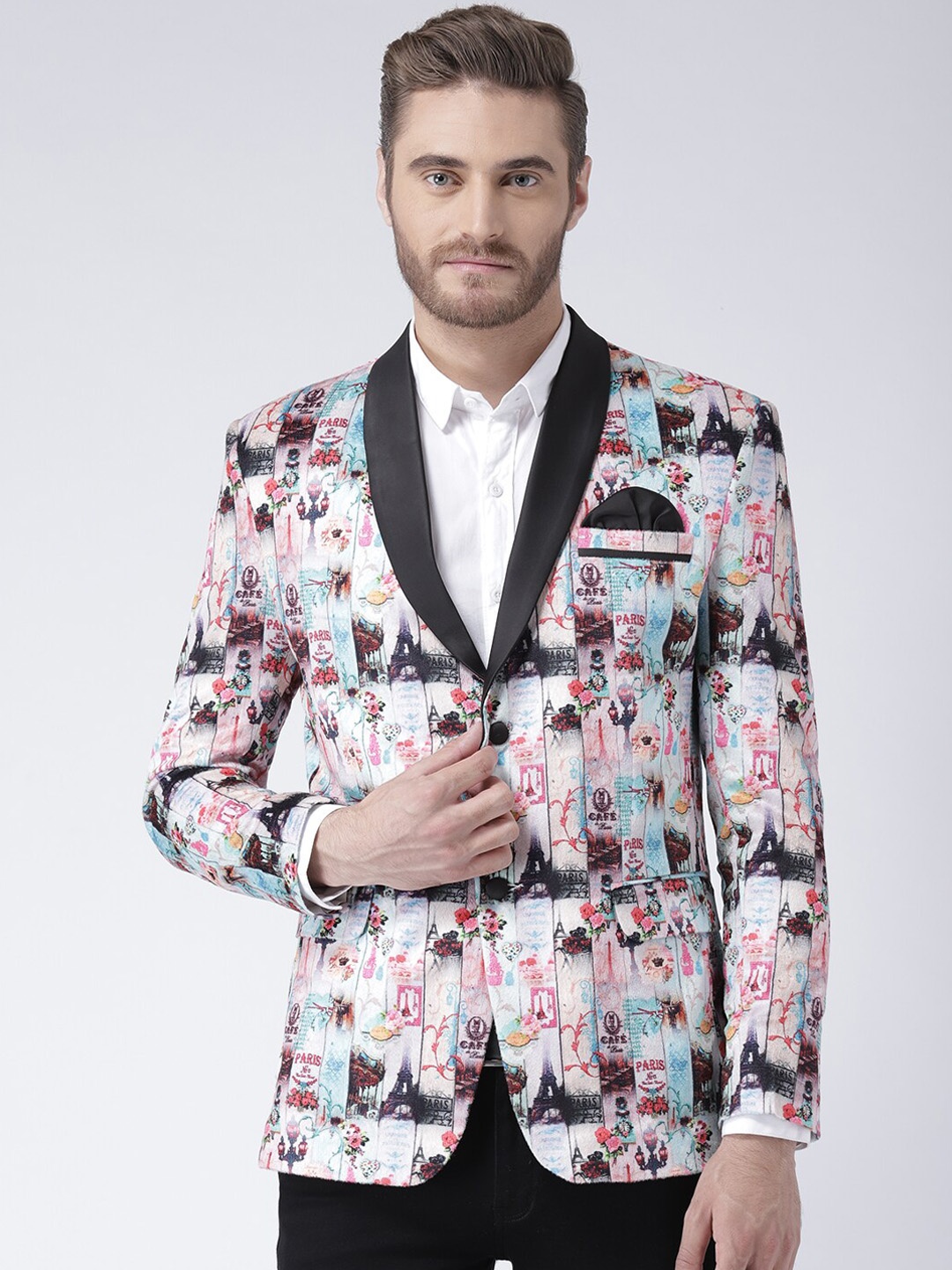 Hangup Men White And Black Conversational Printed Regular Fit Tuxedo Blazer