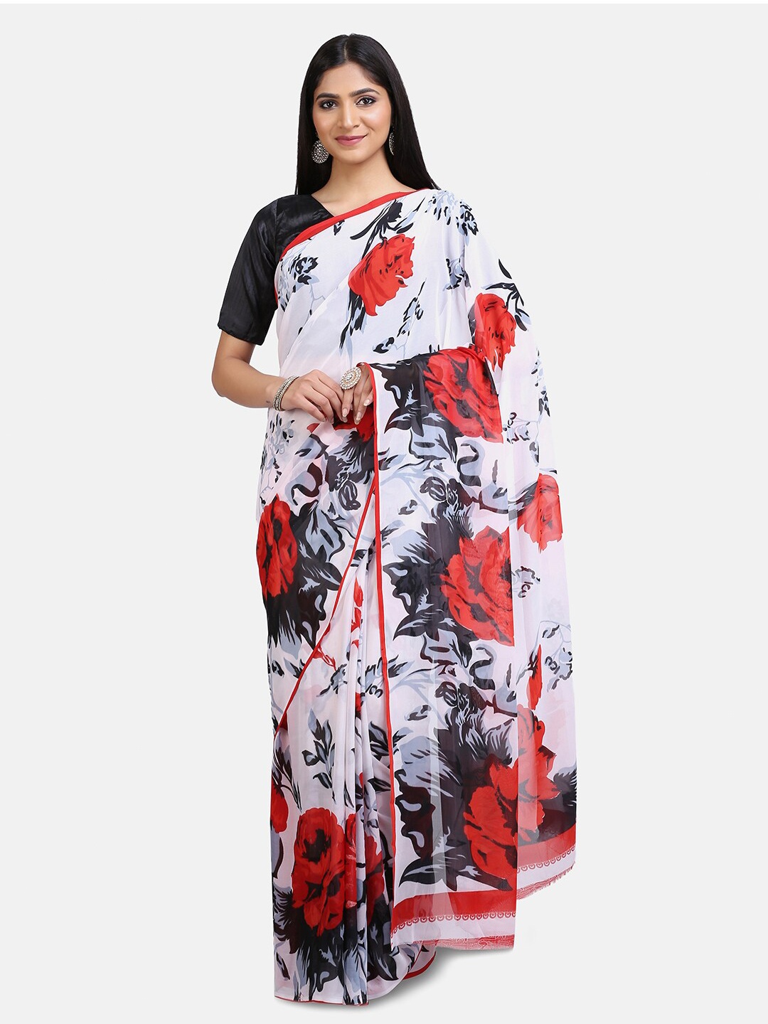

Mirraw Red & White Floral Pure Georgette Saree