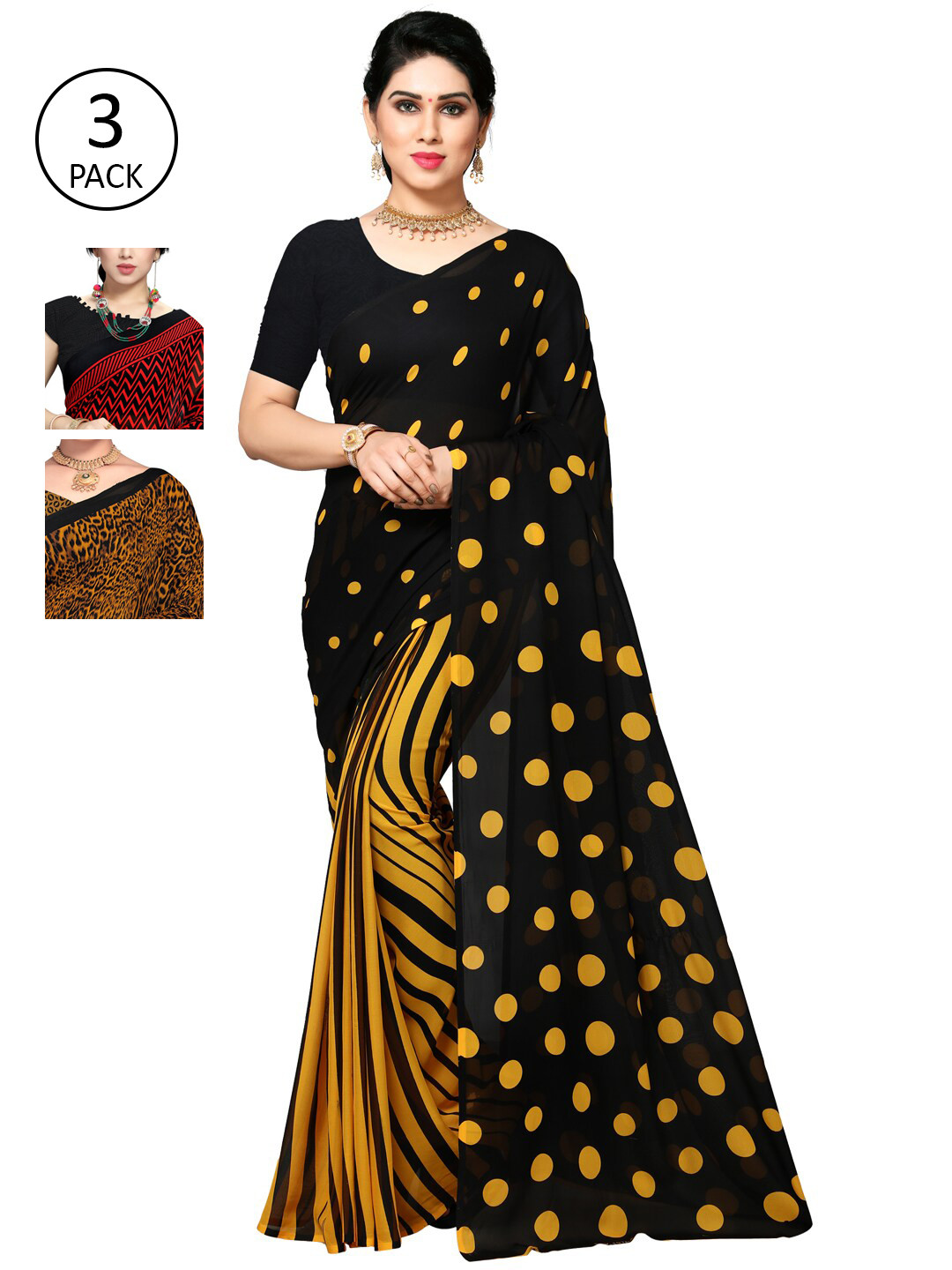 

KALINI Women Pack of 3 Printed Sarees, Yellow
