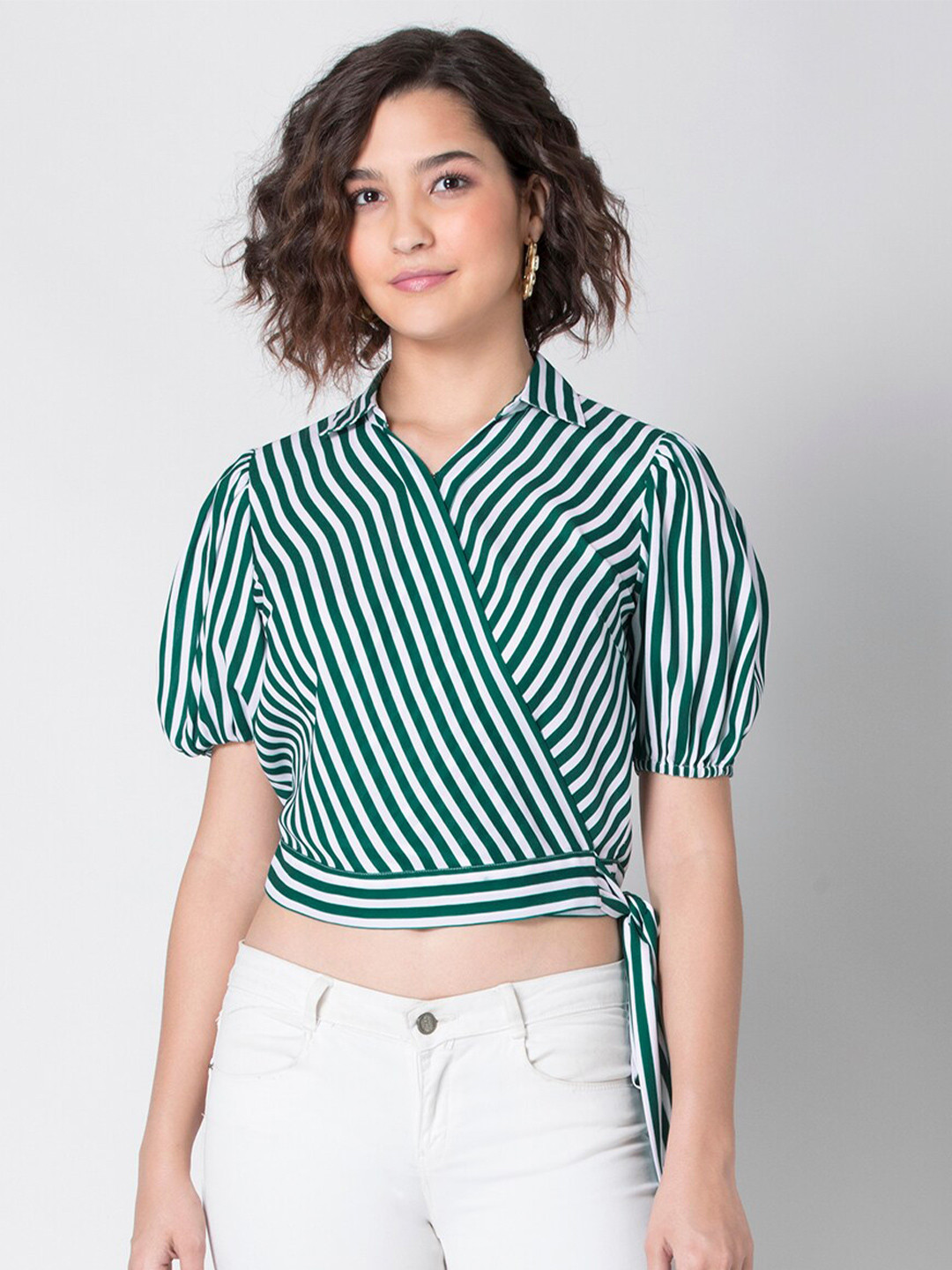 

FabAlley Women Green and White Striped Collared Wrap Crop Top