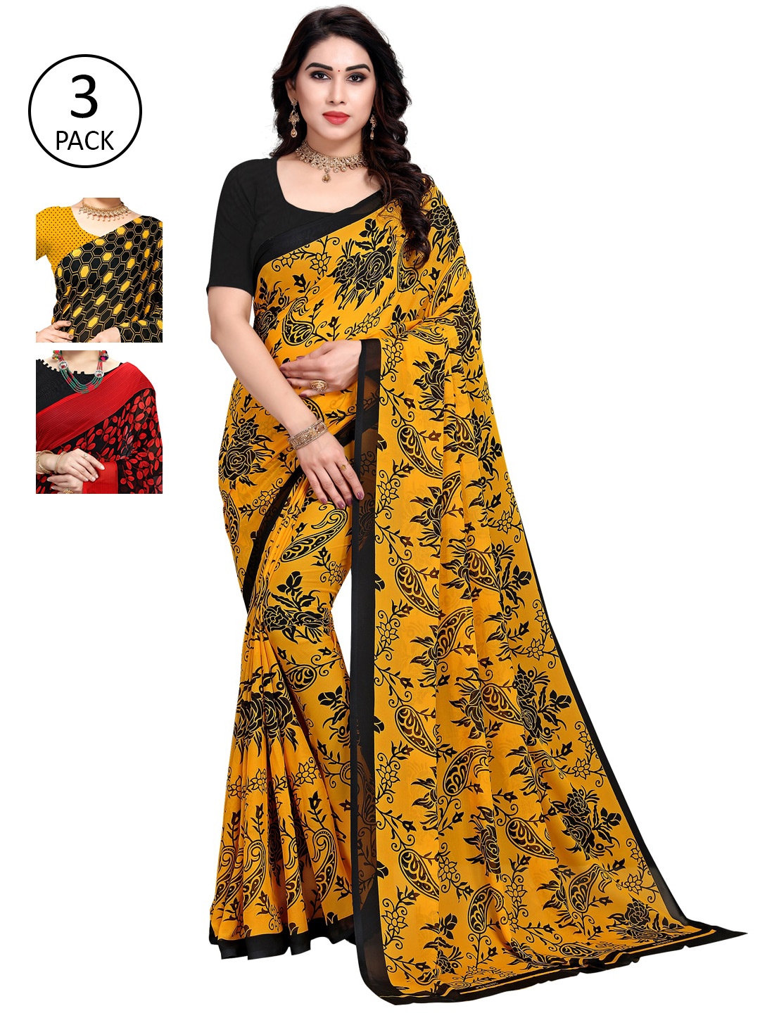 

KALINI Pack Of 3 Multicoloured Floral Poly Georgette Saree, Multi