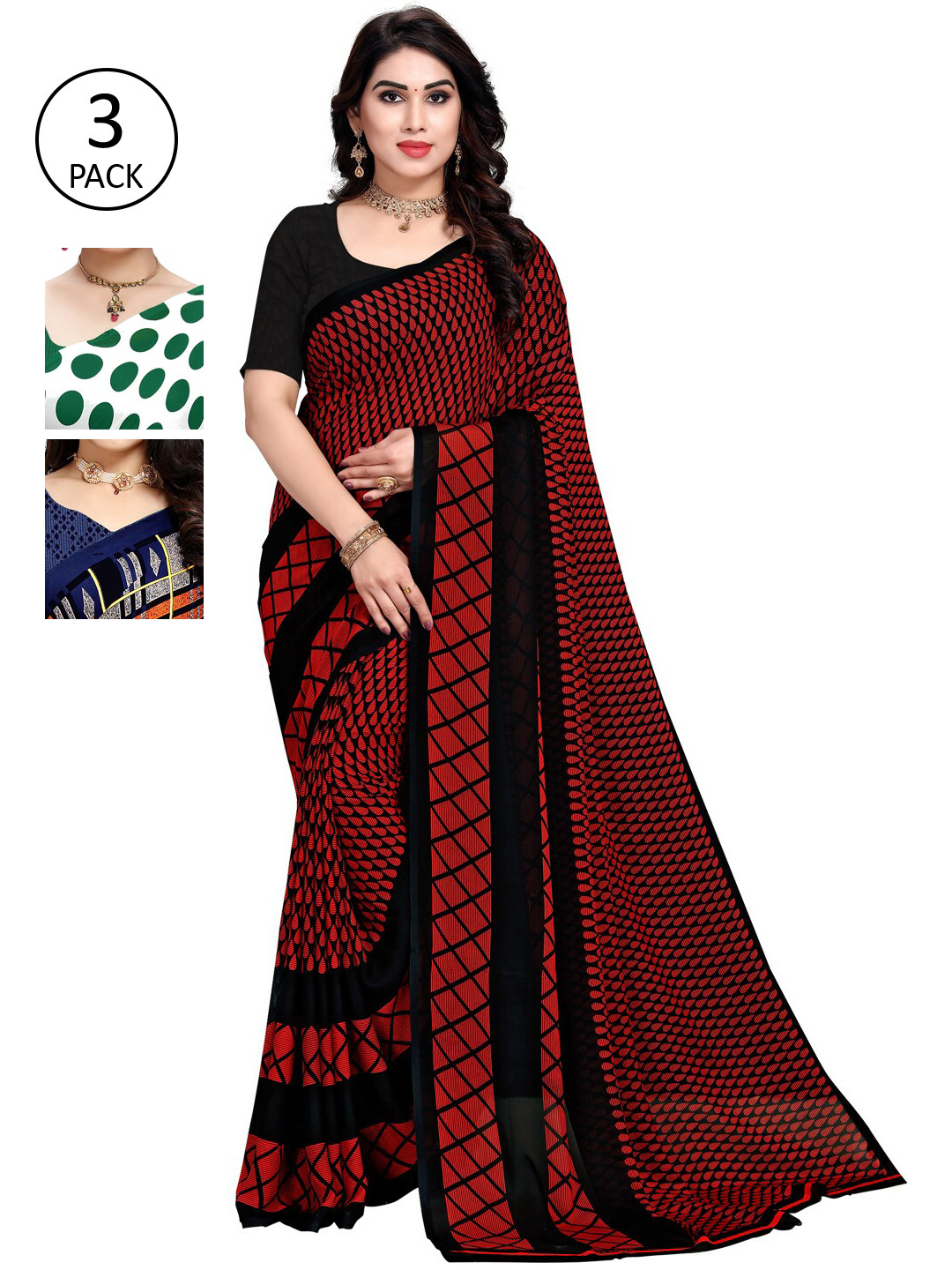 

KALINI Pack Of 3 Poly Georgette Sarees, Red