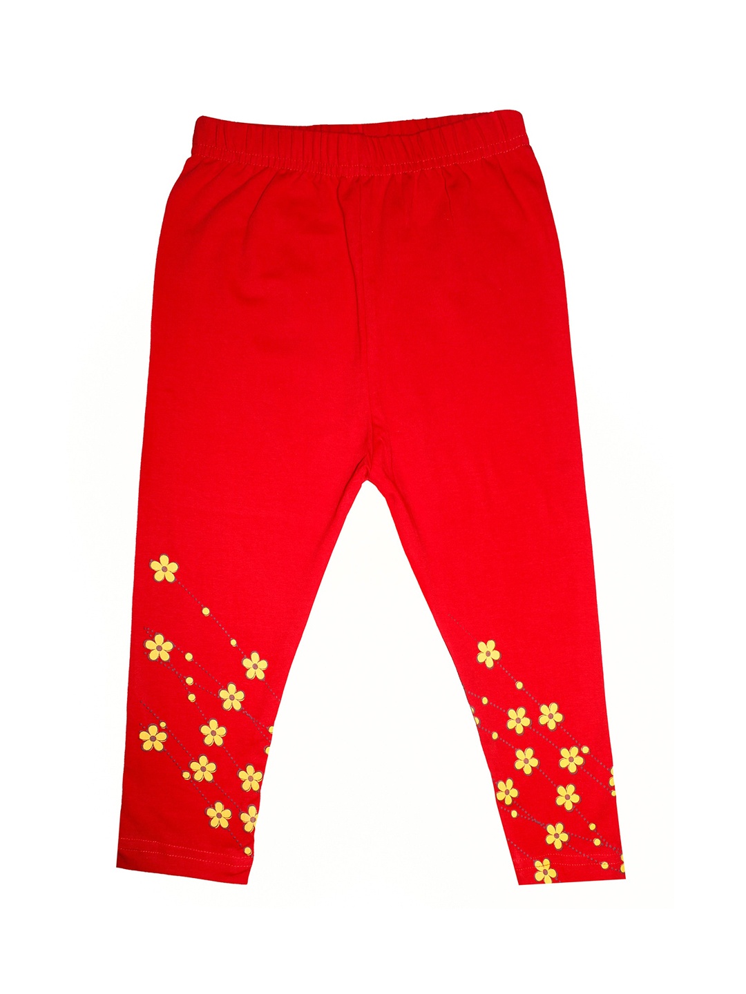 

KiddoPanti Girls Red & Yellow Flower Printed Three-Fourth Length Capri Leggings
