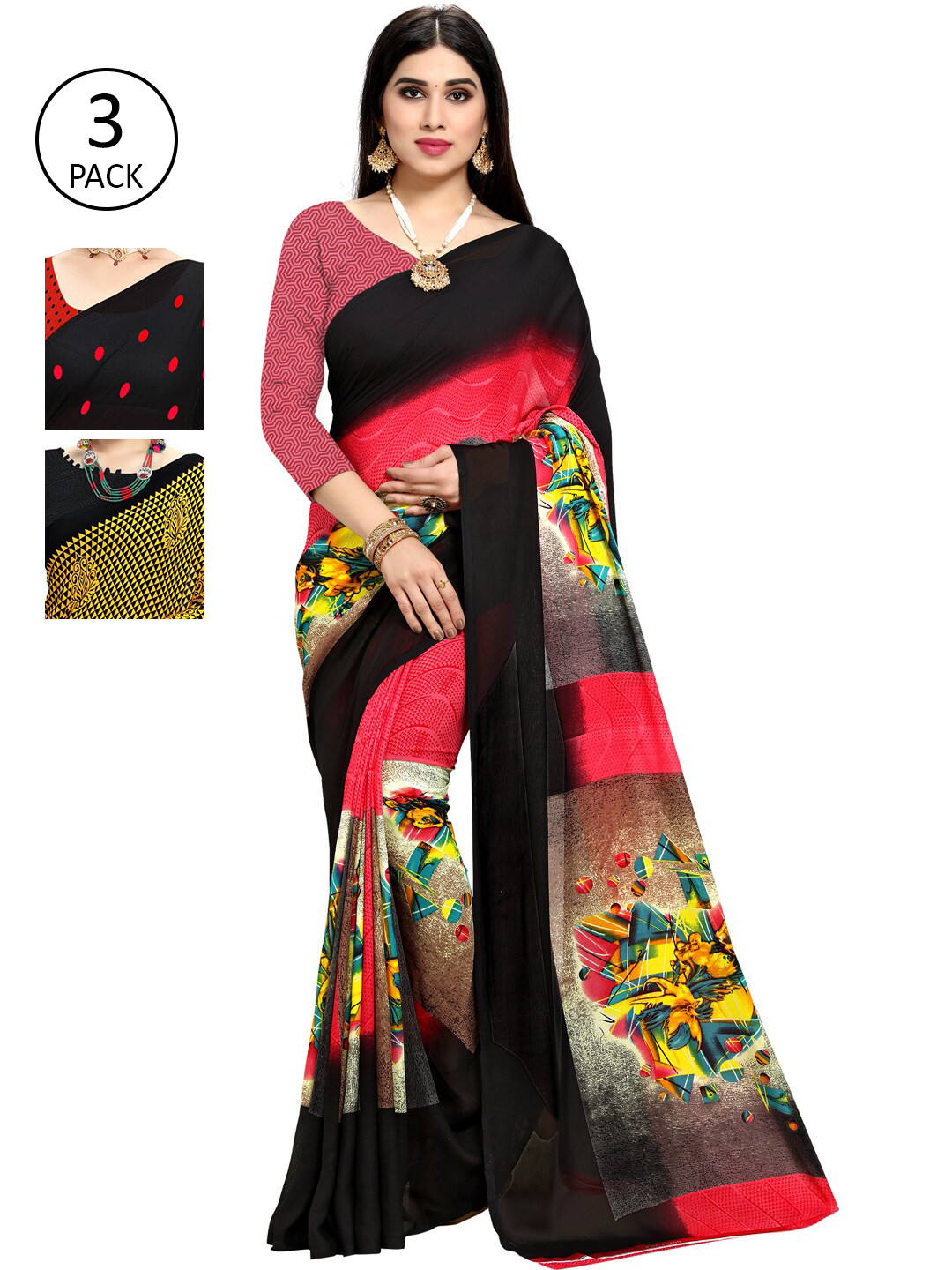 

ANAND SAREES Pack of 3 Poly Georgette Printed Sarees, Red