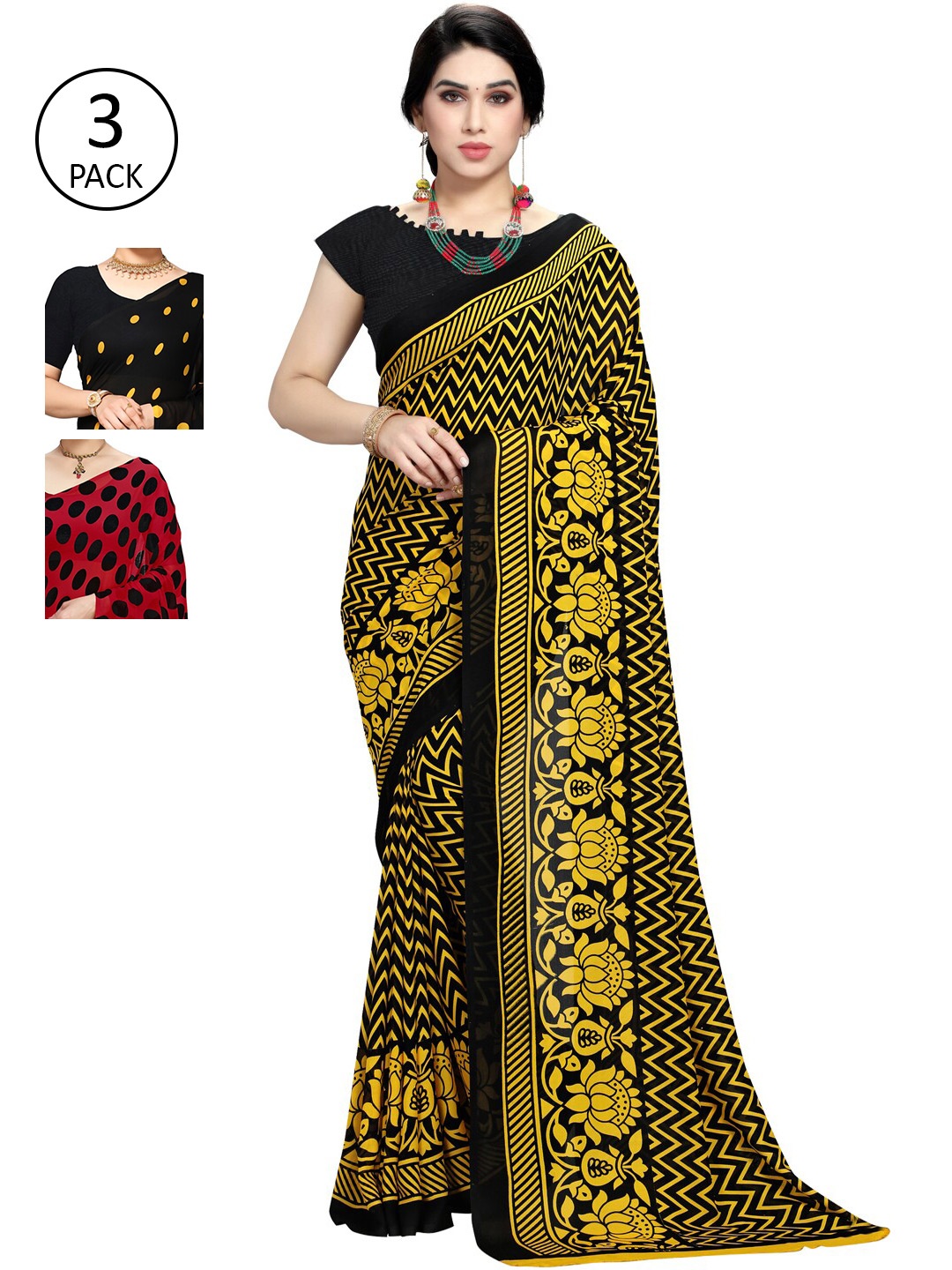 

ANAND SAREES Pack of 3 Printed Poly Georgette Saree, Multi