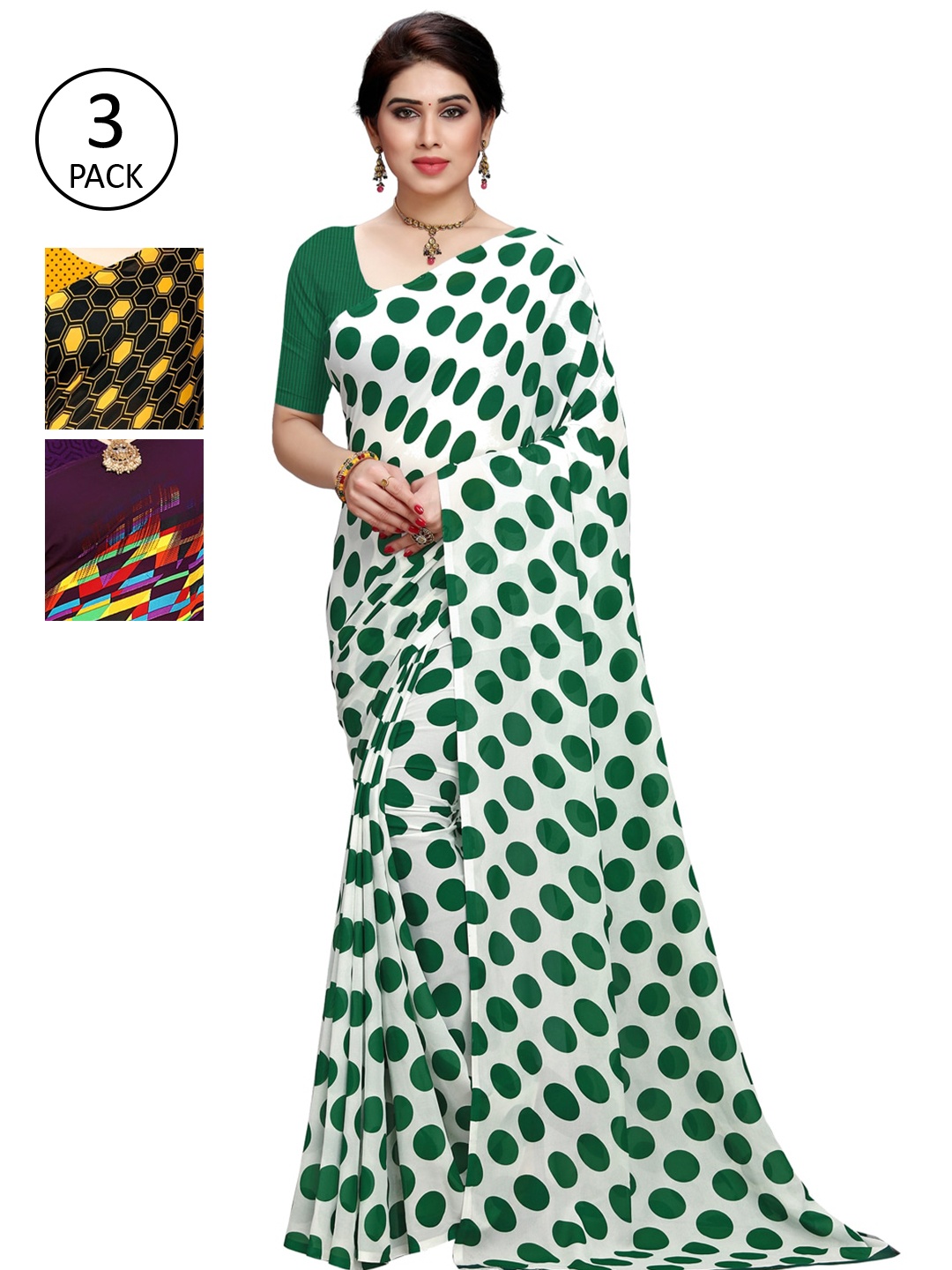 

KALINI White & Green Pack of 3 Saree