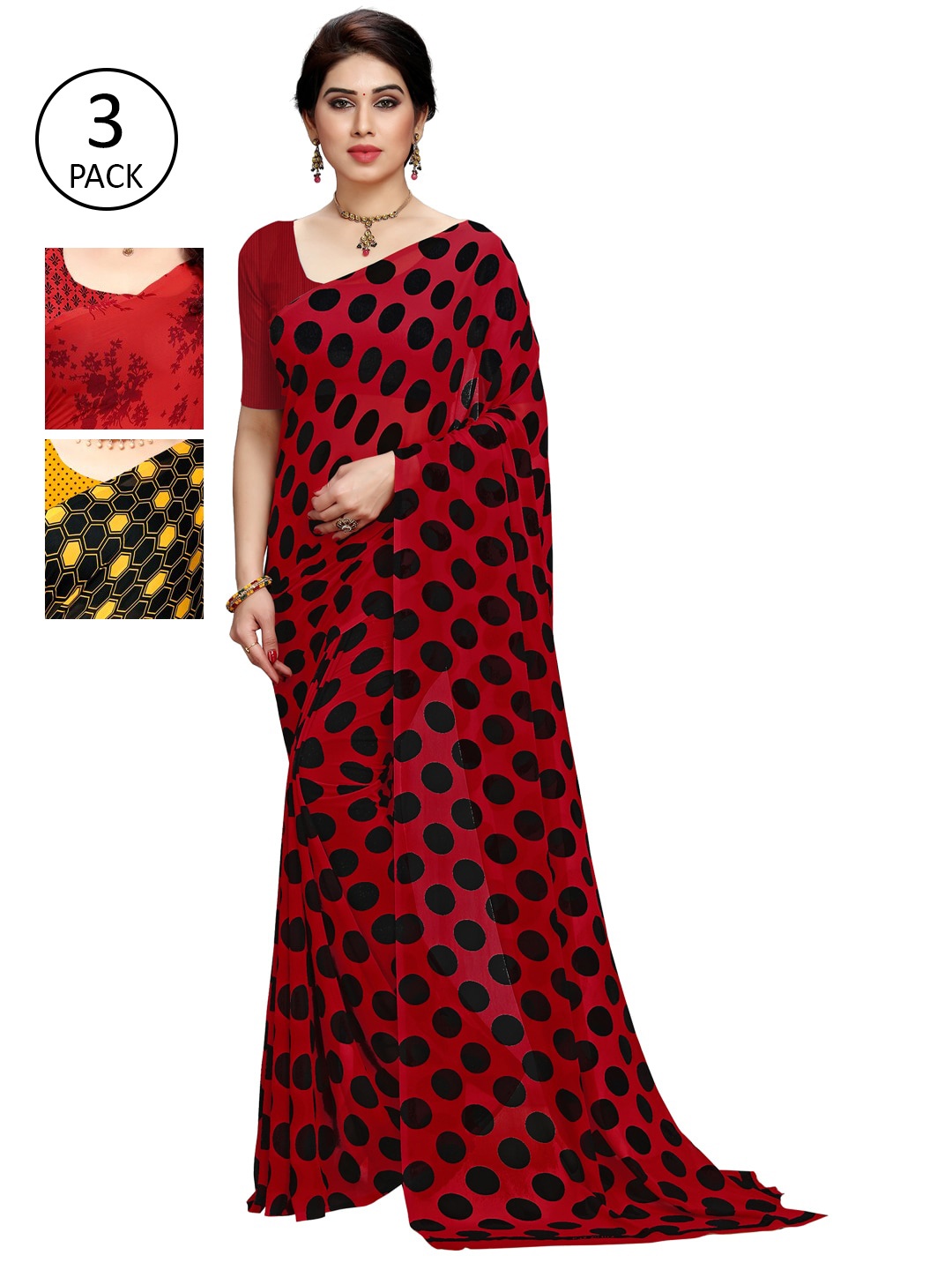 

KALINI Pack of 3 Yellow & Red Saree