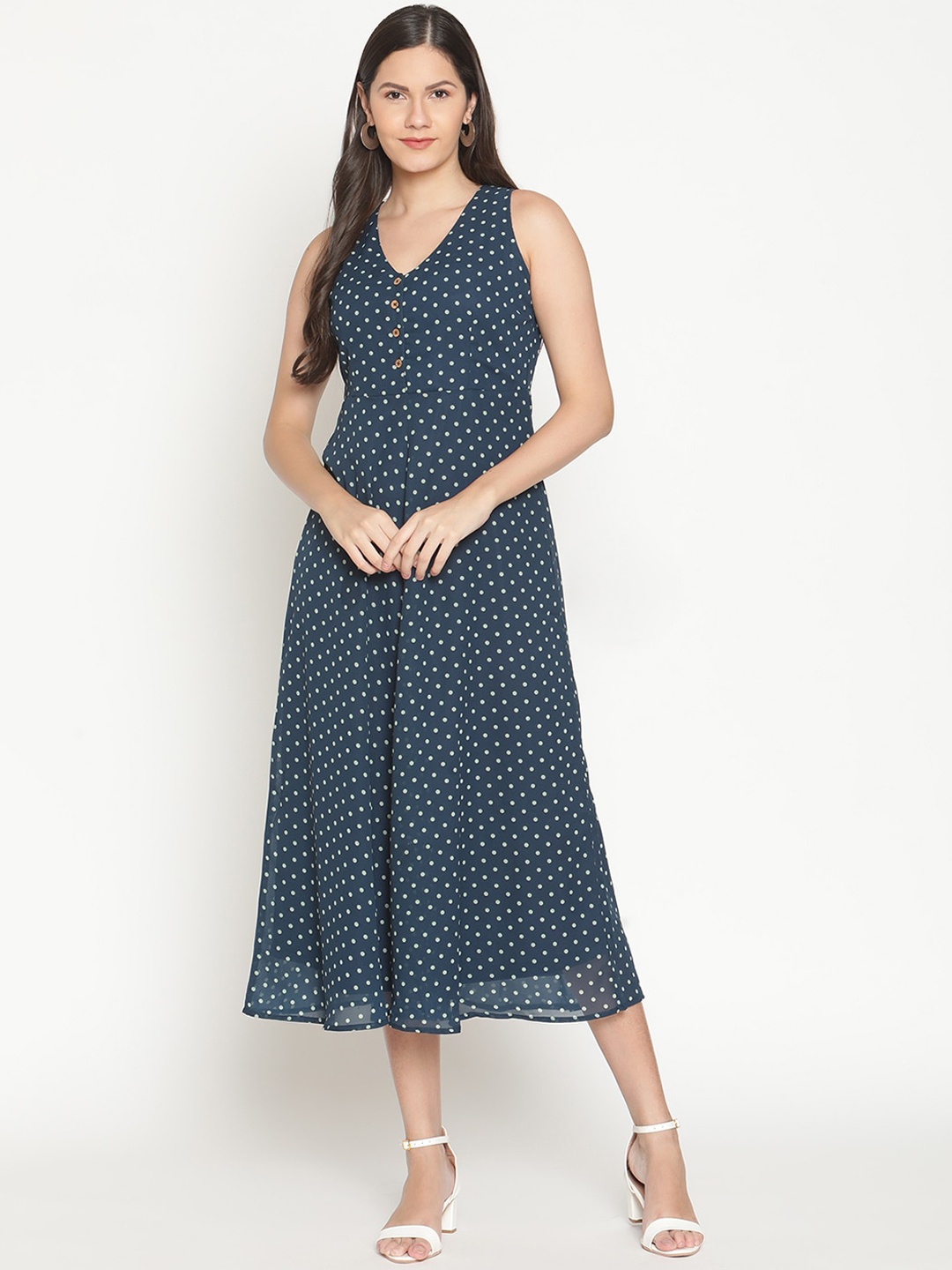 

THREAD MUSTER Navy Blue Georgette A-Line Midi Dress