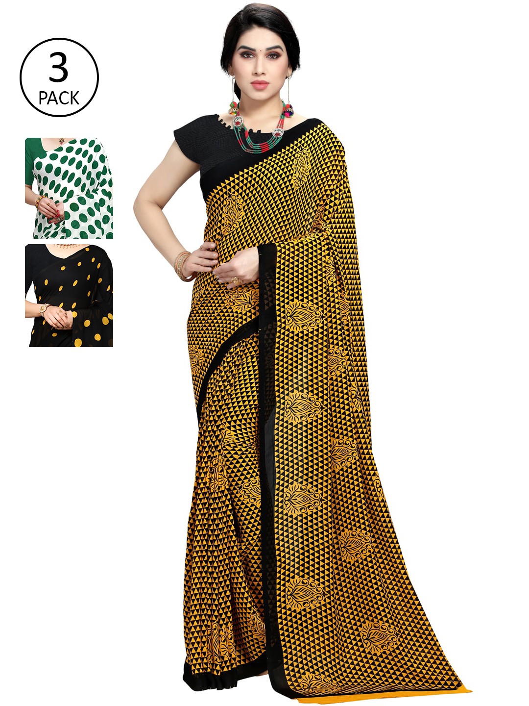 

KALINI Pack Of 3 Poly Georgette Sarees, Yellow