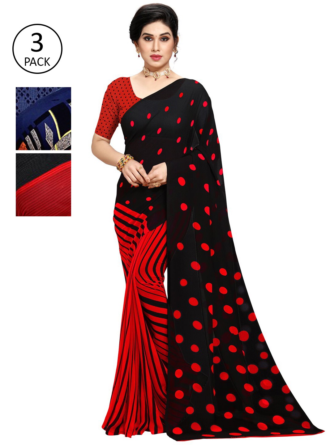 

KALINI Pack of 3 Poly Georgette Sarees, Red