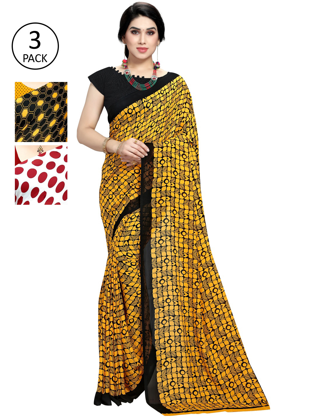 

KALINI Pack of 3 Poly Georgette Sarees, Black
