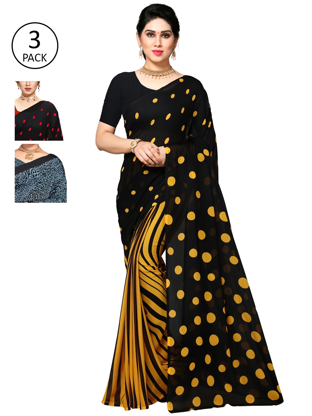 

ANAND SAREES Pack Of 3 Poly Georgette Sarees, Black