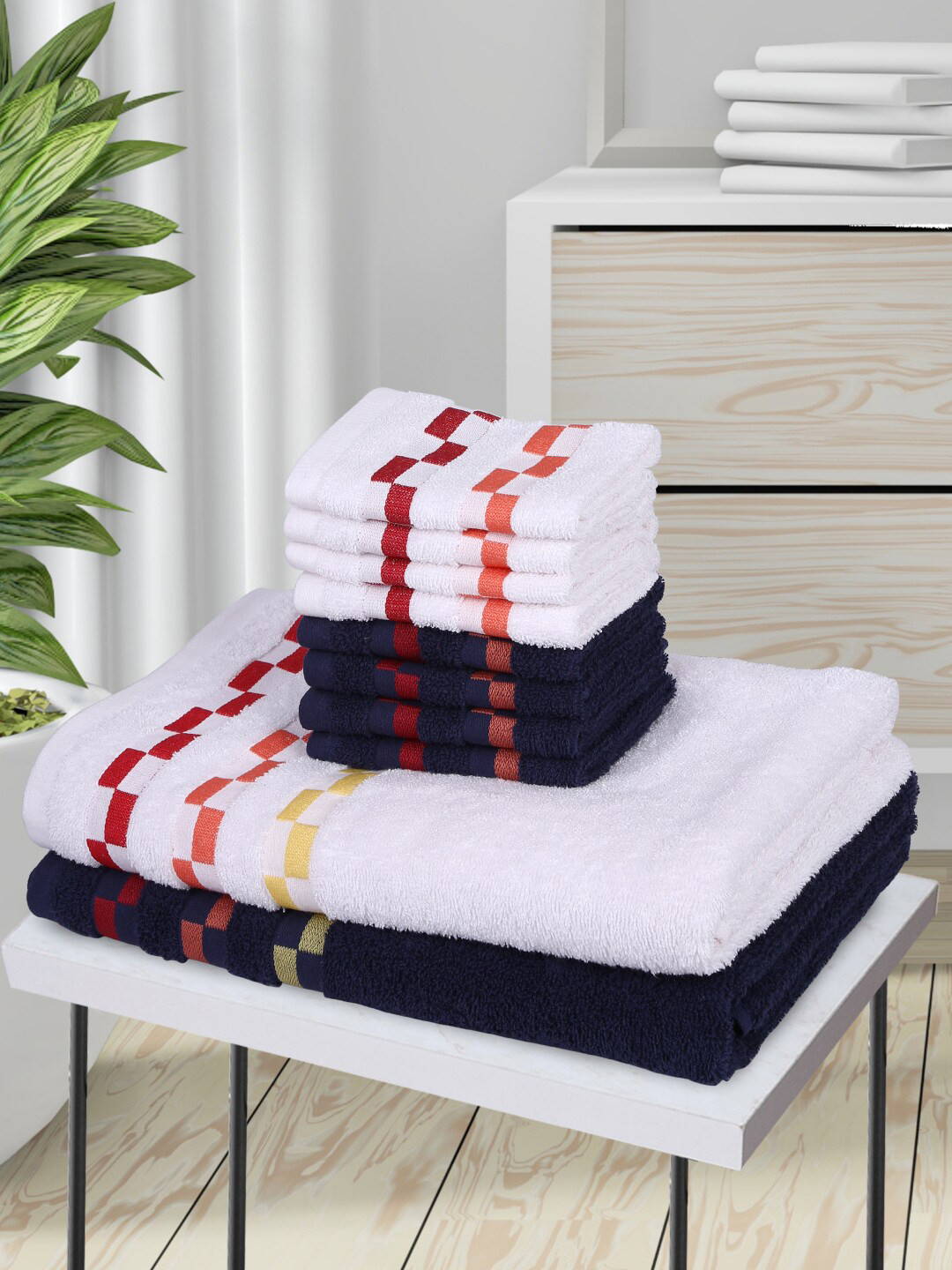 

BIANCA Set Of 10 White & Navy Blue 450 GSM Mercerized Pure Combed Cotton Towels