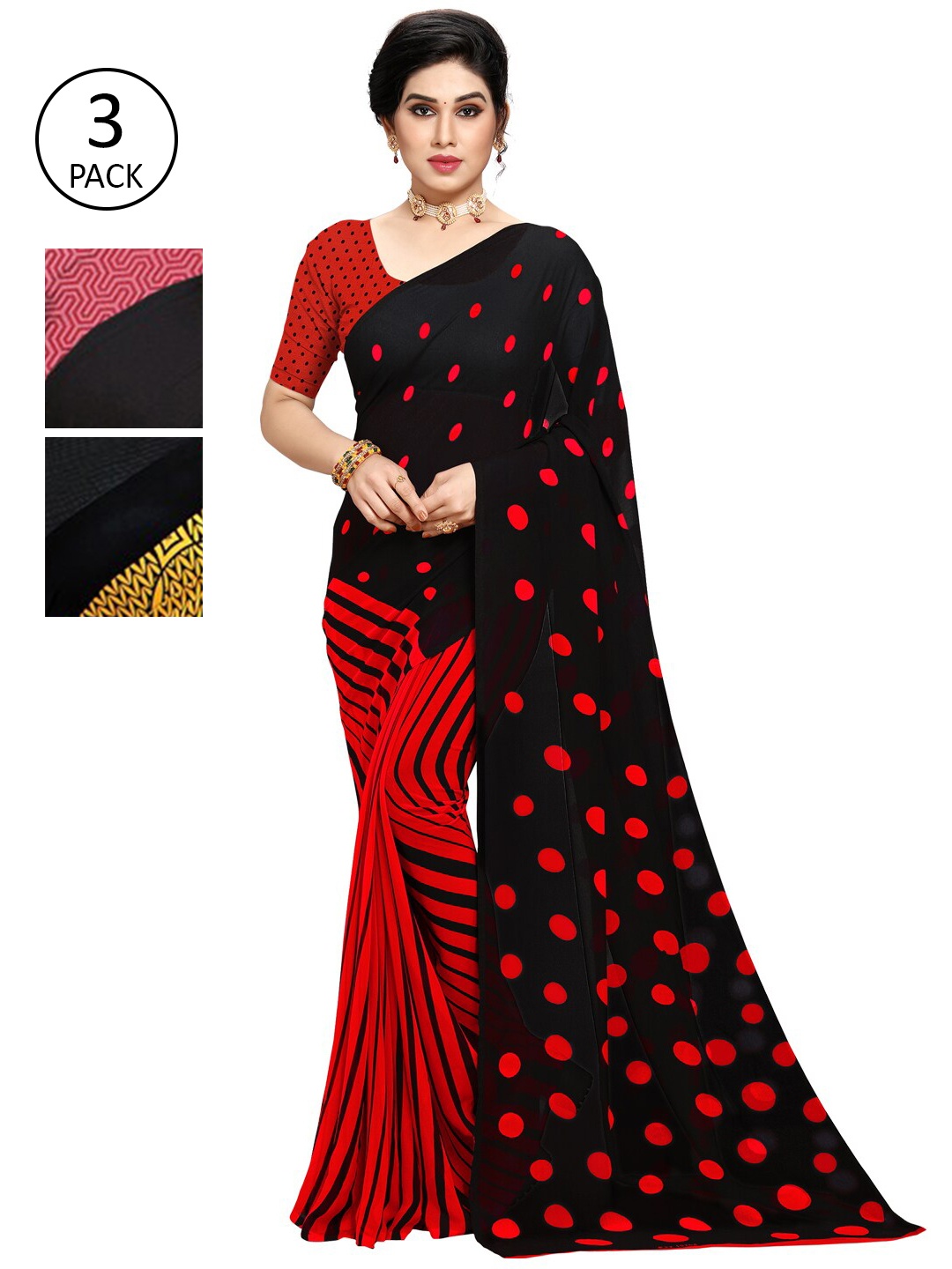 

KALINI Women Pack of 3 Printed Poly Georgette Sarees, Pink