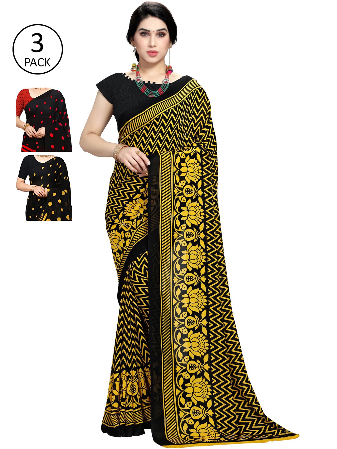 

ANAND SAREES Pack Of 3 Sarees, Red