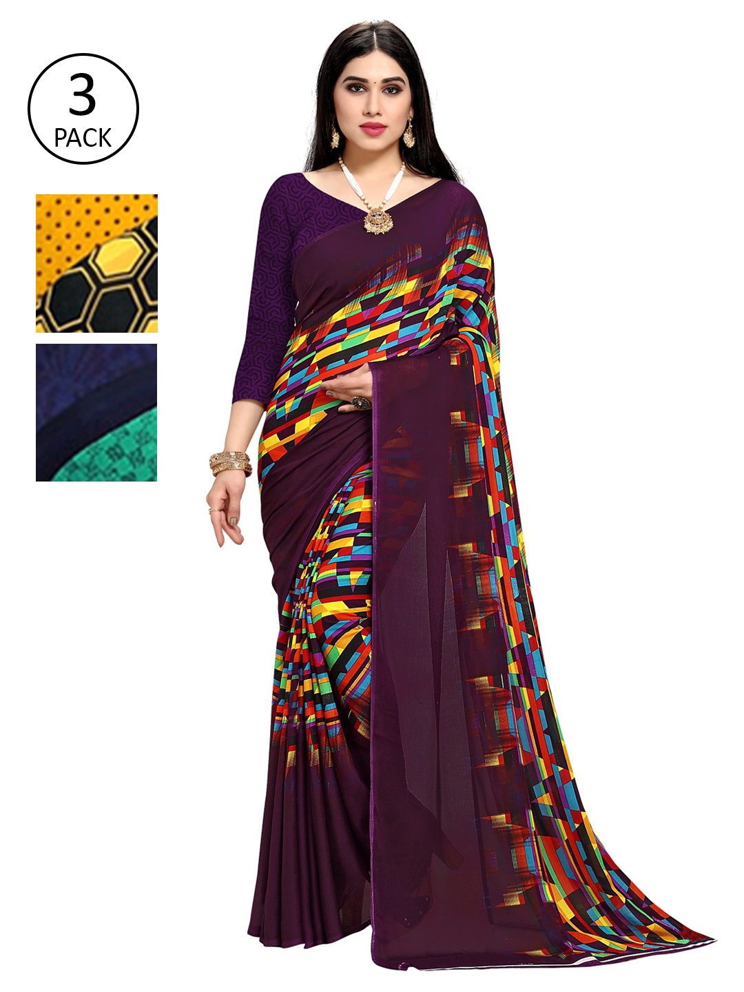 

KALINI Pack of 3 Printed Sarees, Burgundy