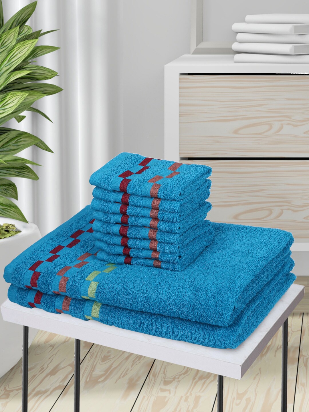 

BIANCA Set Of 10 Teal Blue & Red Striped Pure Cotton 450 GSM Towels