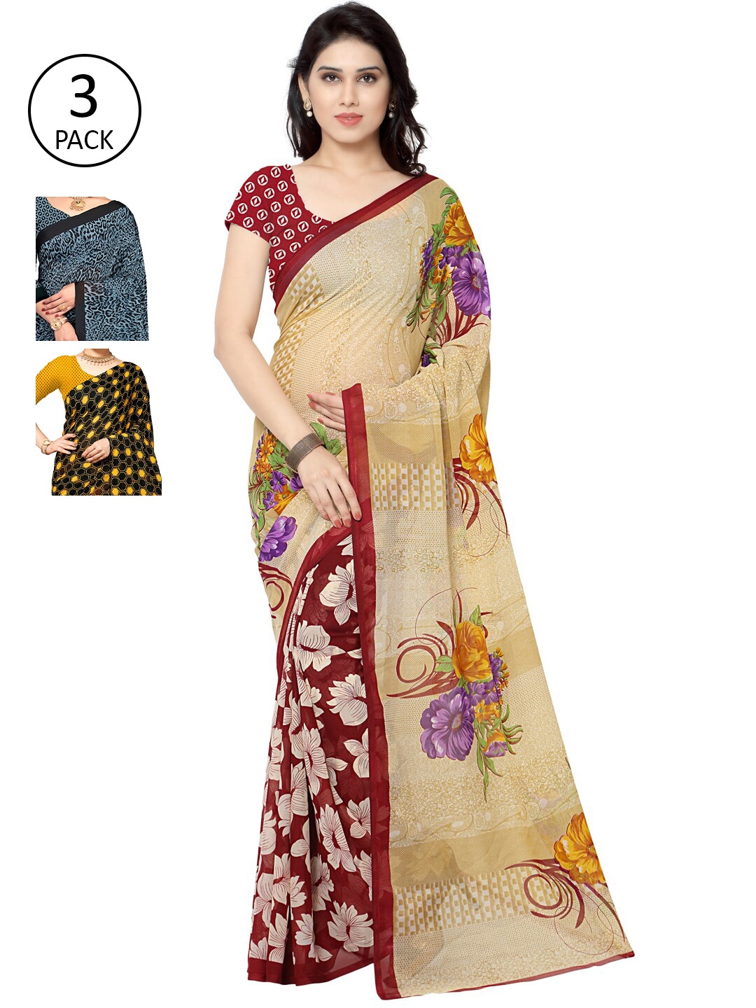 

KALINI Pack of 3 Yellow & Cream-Coloured Floral Saree
