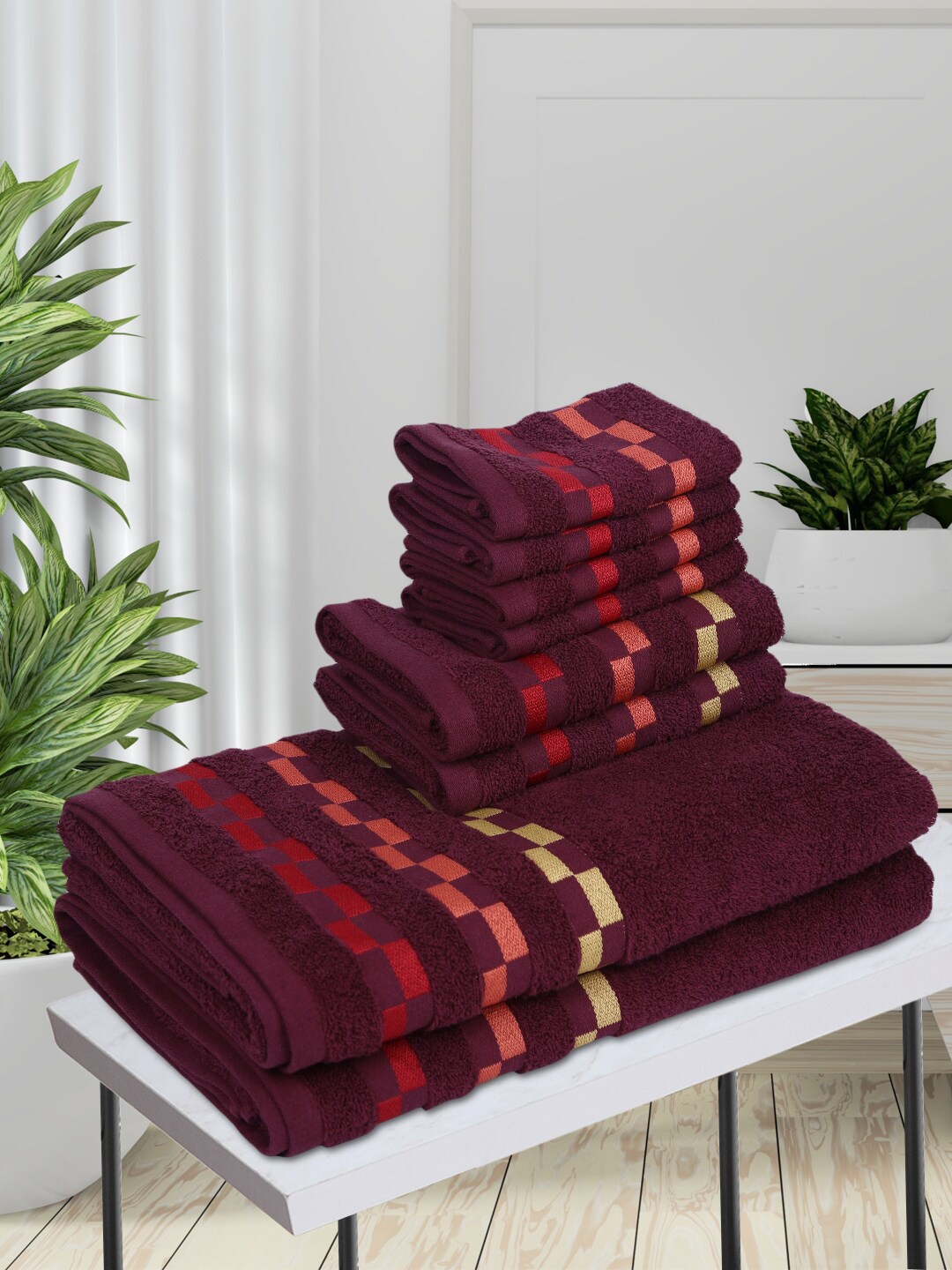 

BIANCA Set Of 8 Bumpy-Striped 450 GSM Mercerized Pure Combed Cotton Towels, Purple