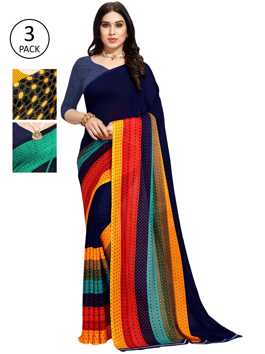 

KALINI Women Pack of 3 Printed Poly Georgette Sarees, Yellow