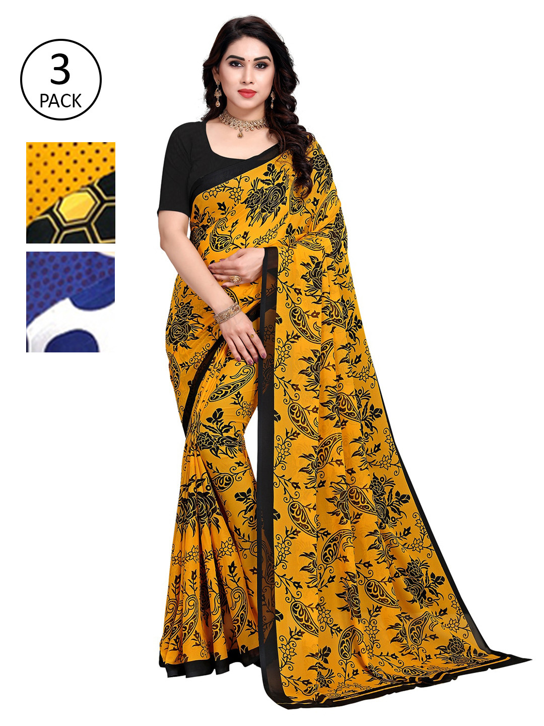 

KALINI Pack of 3 Printed Sarees, Mustard