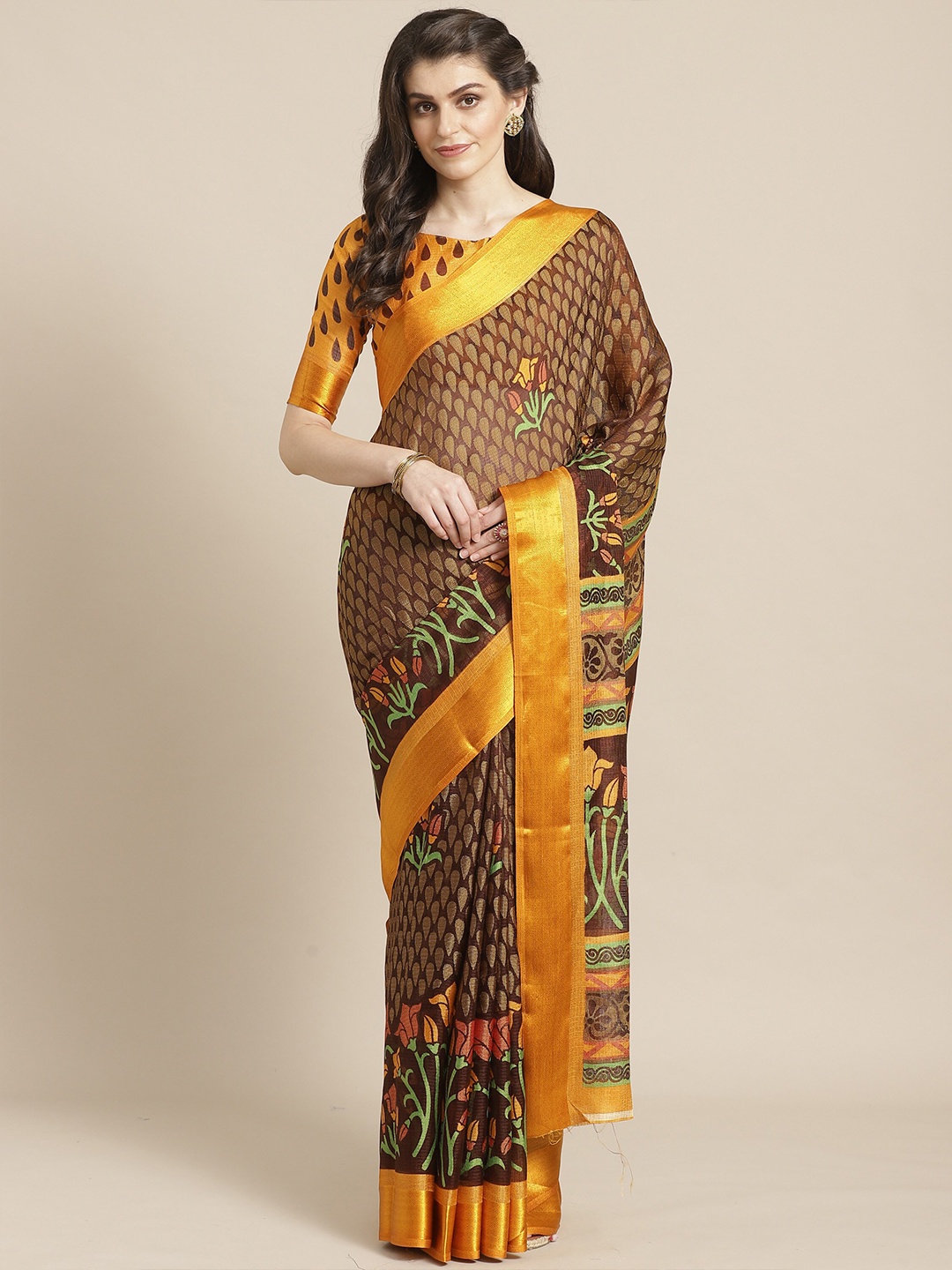 

Saree mall Brown & Mustard Floral Brasso Sarees