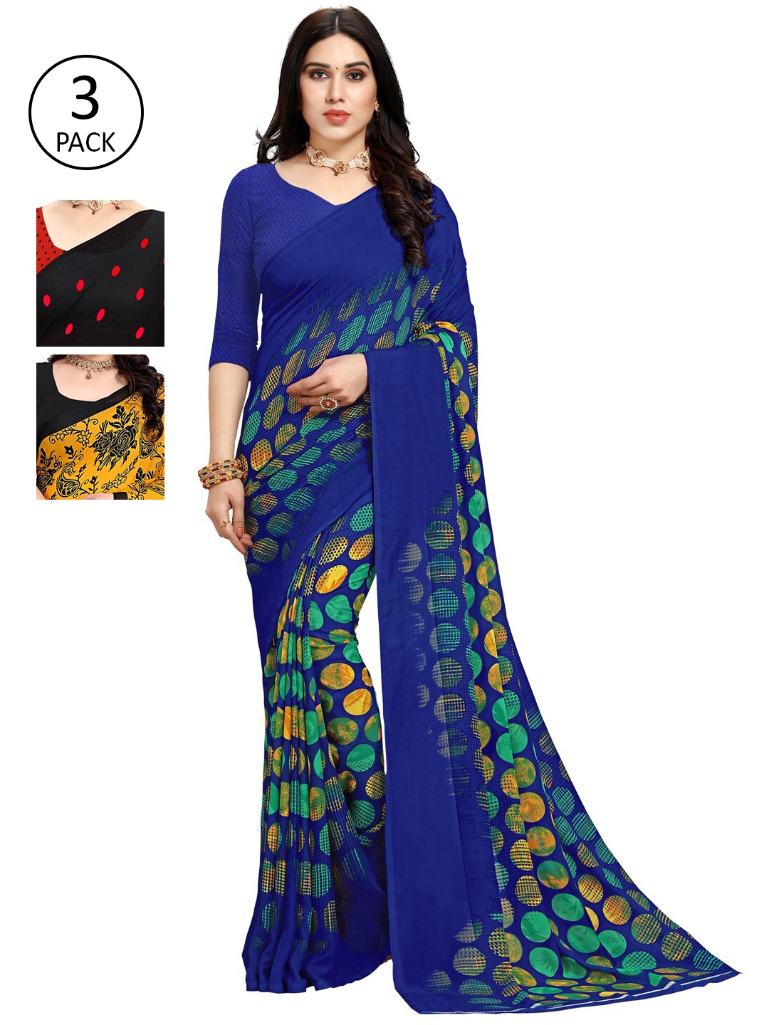 

KALINI Pack Of 3 Multicoloured Poly Georgette Sarees, Multi