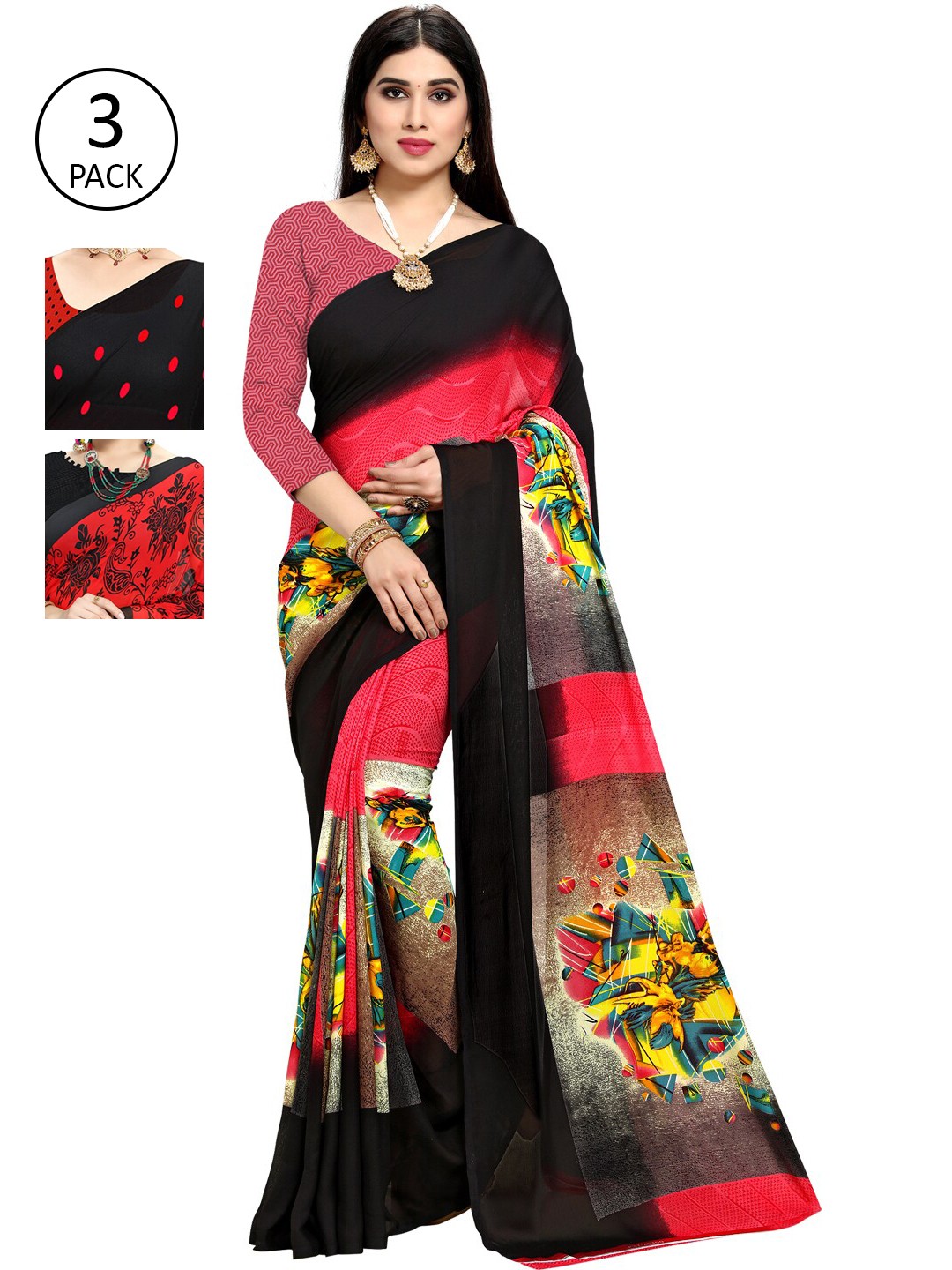 

KALINI Women Pack of 3 Printed Sarees, Red