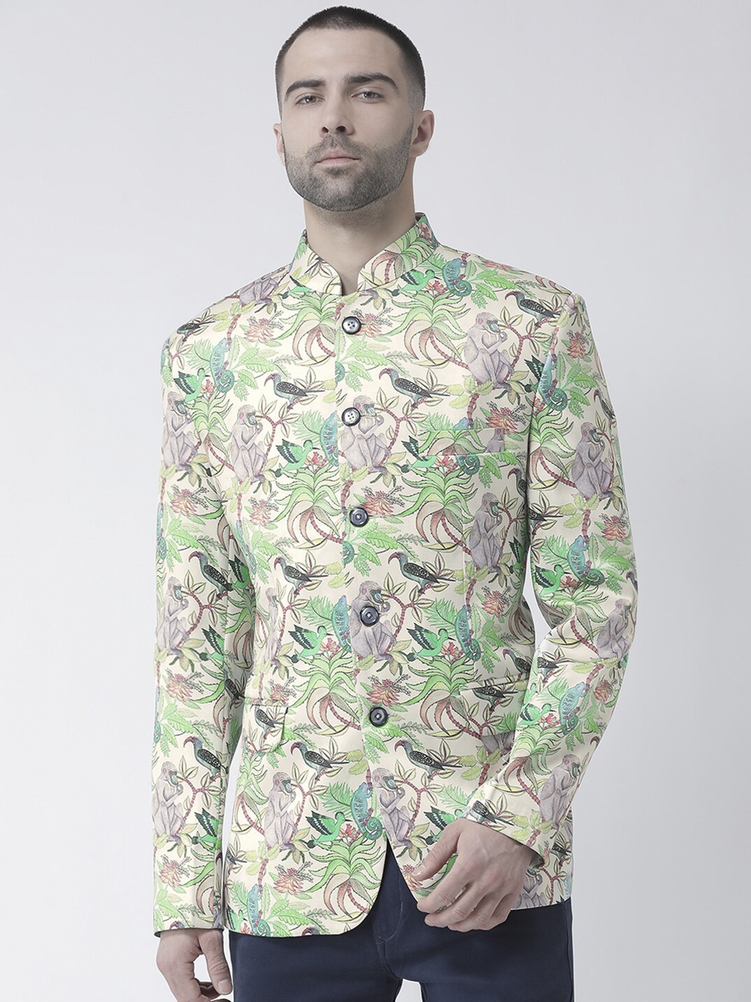 Hangup Men Cream & Green Printed Bandhgala Blazer