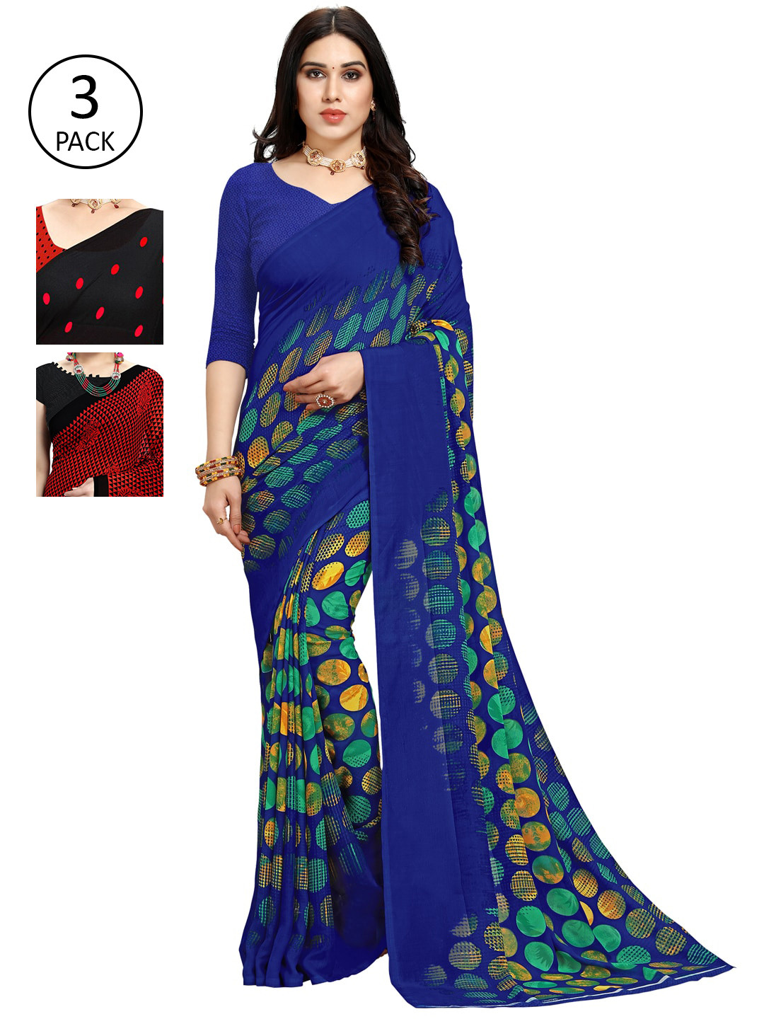 

KALINI Pack Of 3 Poly Georgette Sarees, Blue