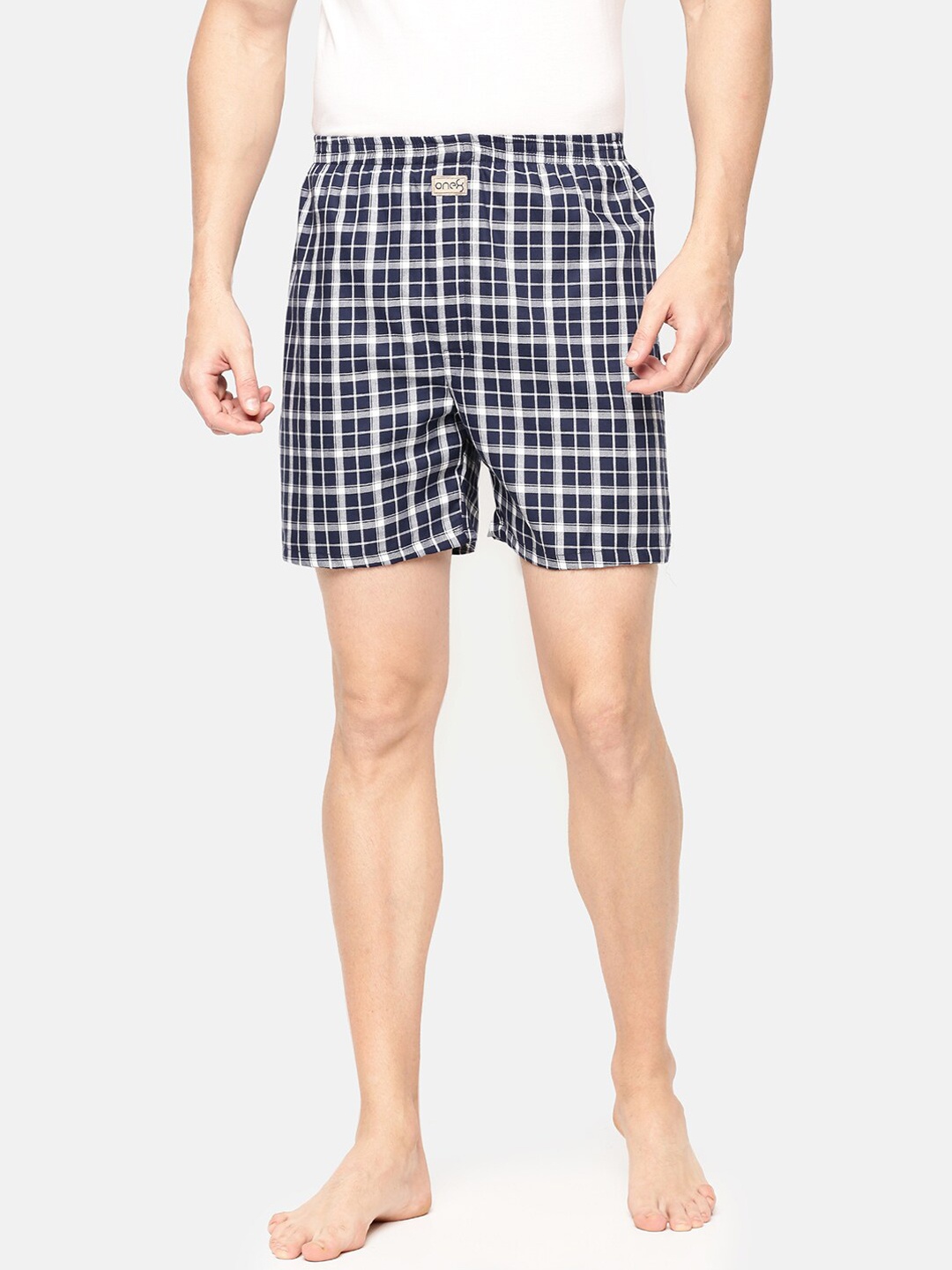 

one8 by Virat Kohli Men White & Navy Blue Checked Pure Cotton Boxers