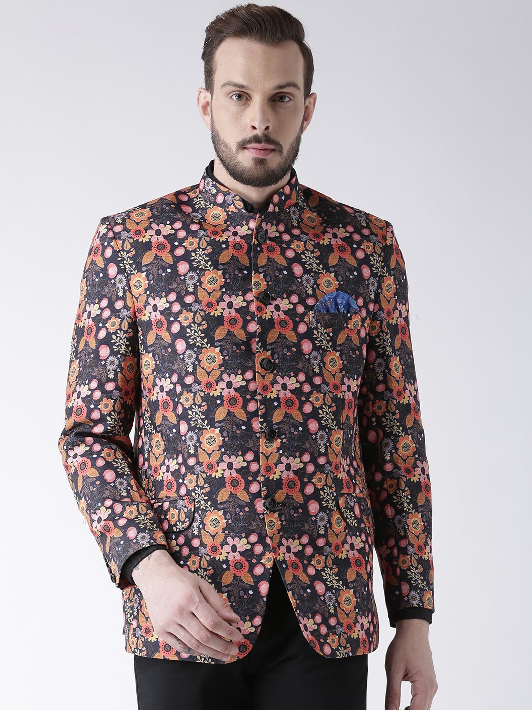 

Hangup Men Brown & Orange Floral Printed Bandhgala Blazer