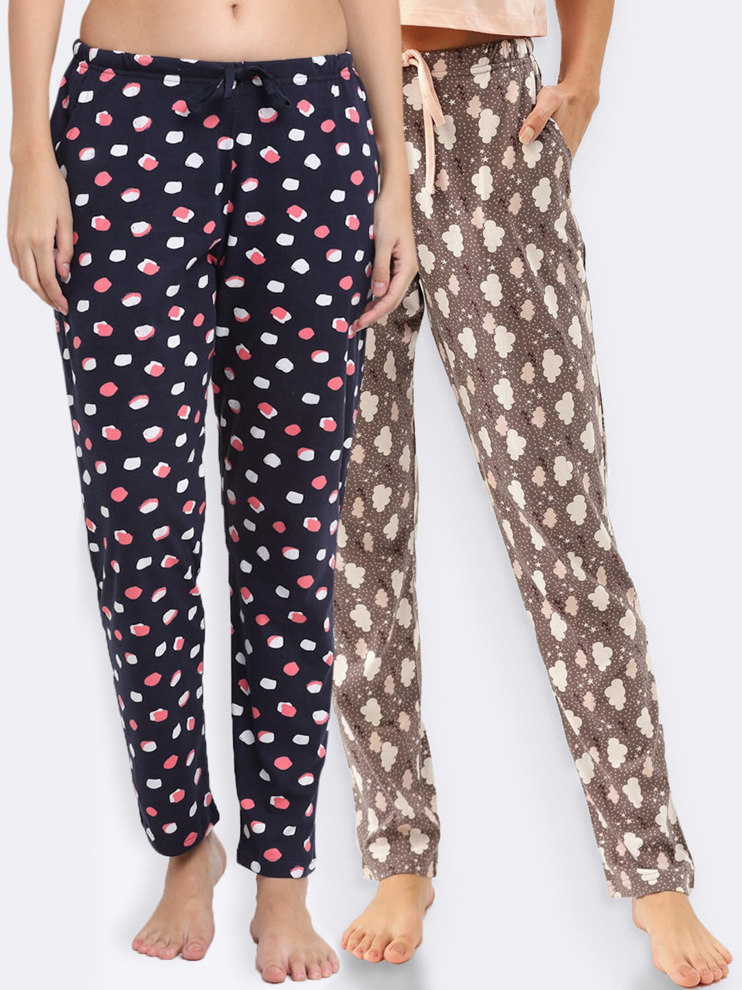 

Kanvin Women Pack Of 2 Printed Pure Cotton Lounge Pants, Navy blue