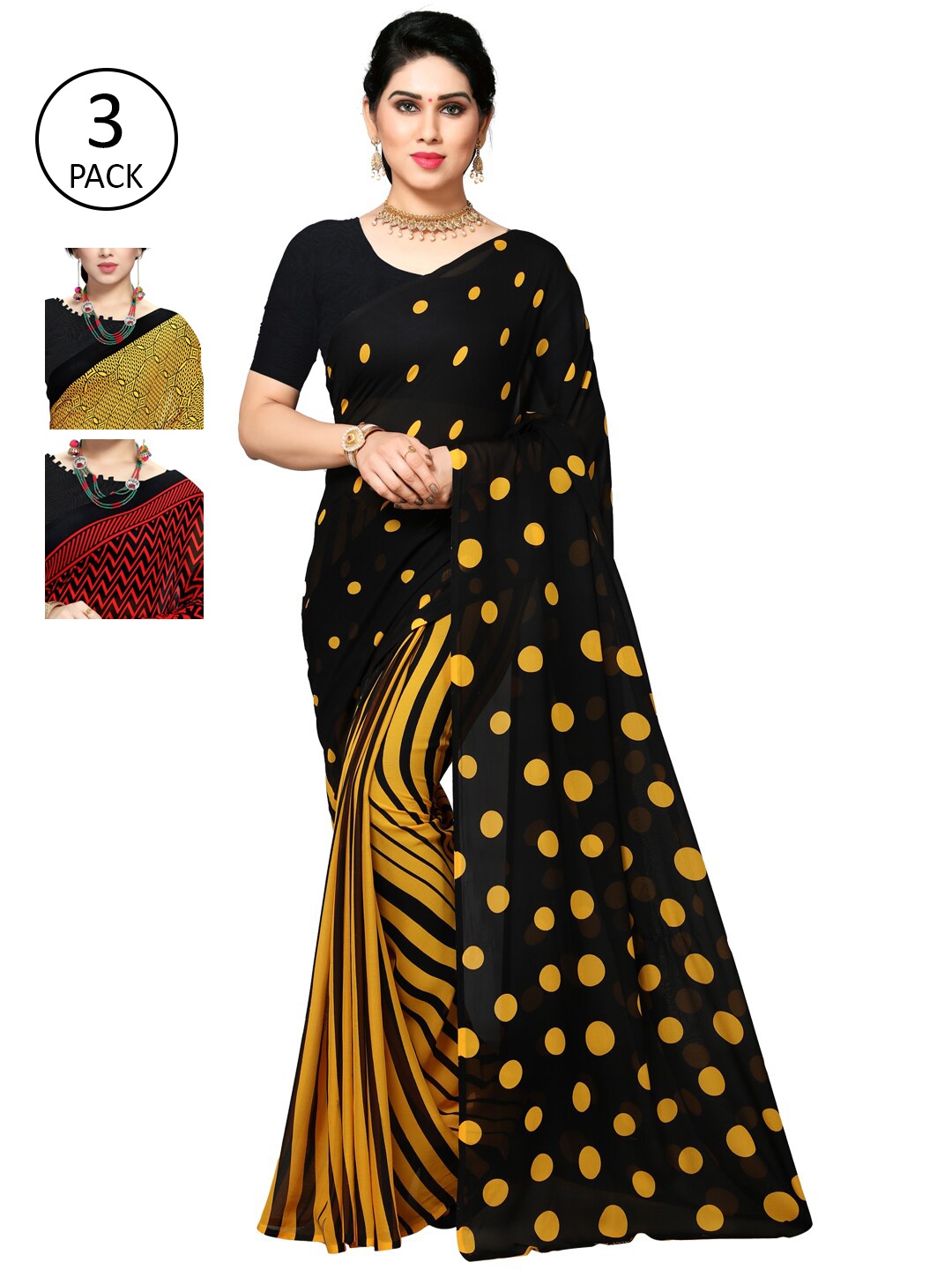 

KALINI Pack of 3 Poly Georgette Printed Sarees, Mustard