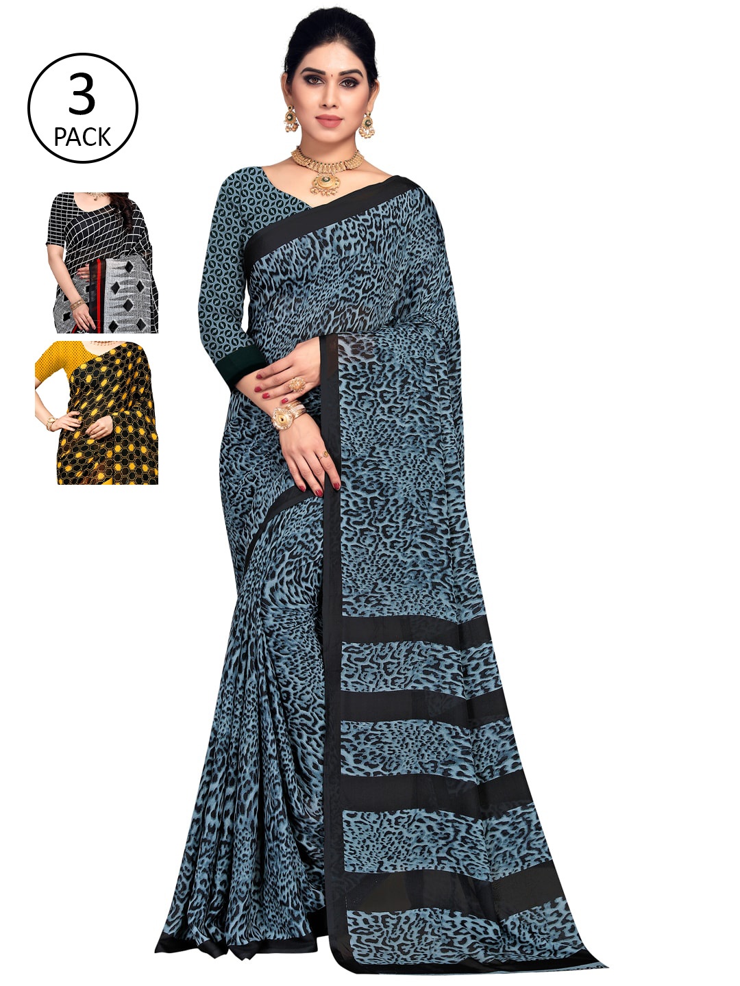 

KALINI Multicoloured Set of 3 Poly Georgette Saree, Multi