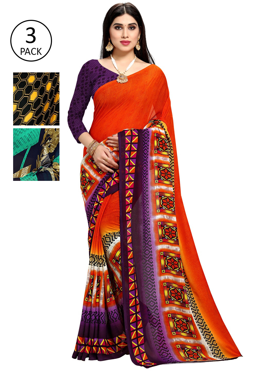 

KALINI Multicoloured Set of 3 Poly Georgette Saree, Multi