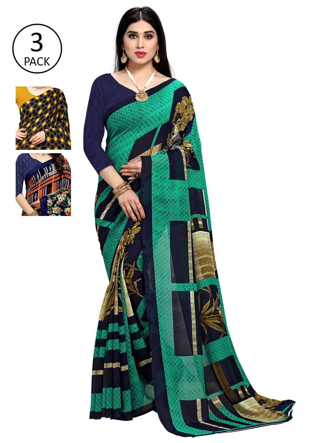 

KALINI Pack of 3 Printed Saree, Mustard