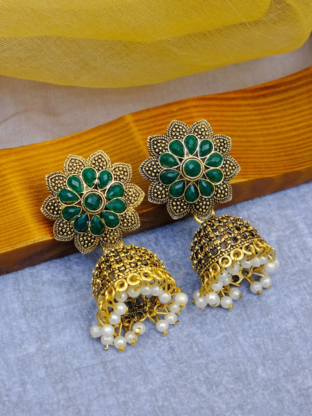 

Crunchy Fashion Green & Gold-Plated Floral Jhumkas Earrings
