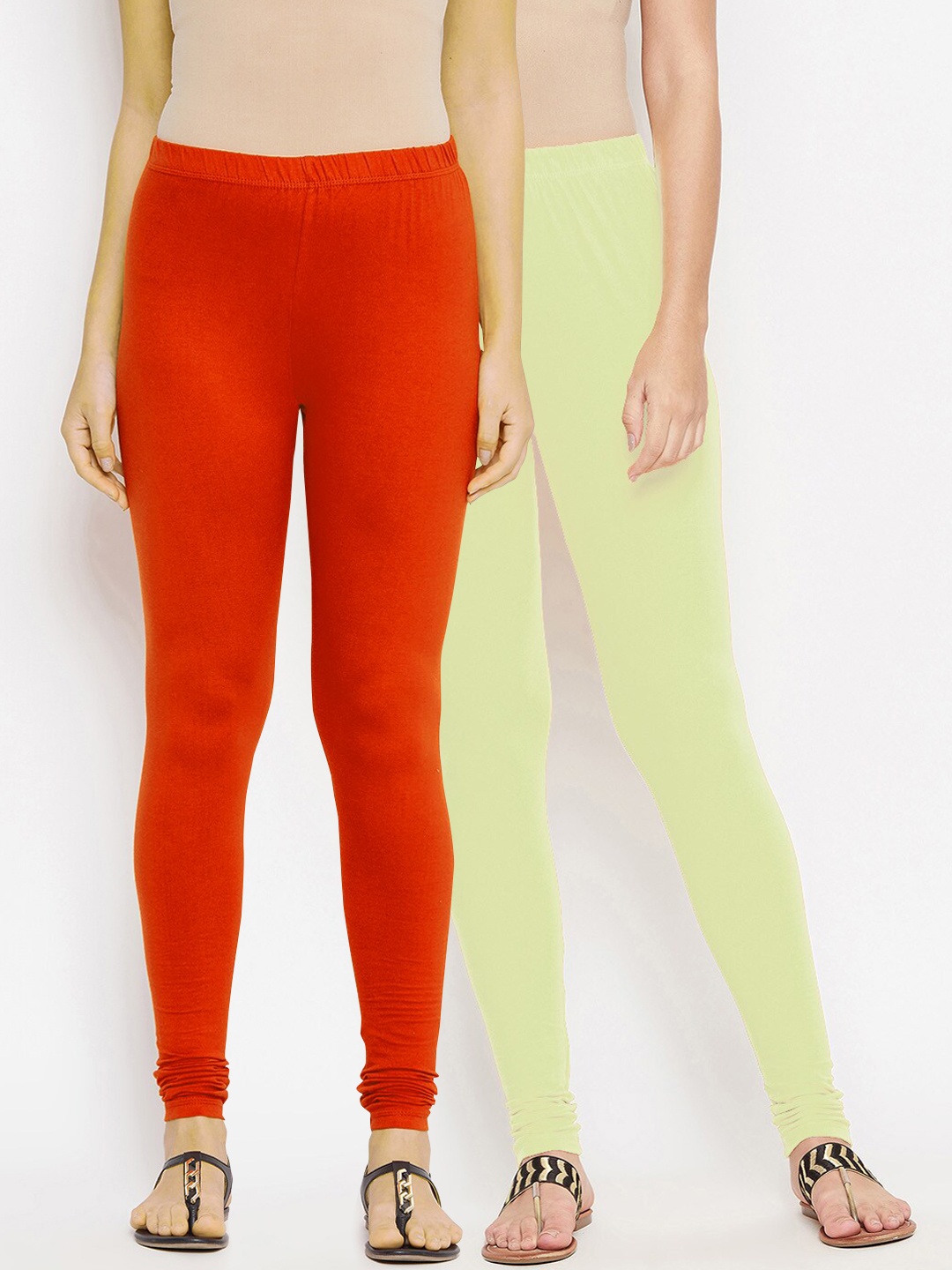 

Bitterlime Women Pack of 2 Red & Cream Solid Churidar-Length Leggings