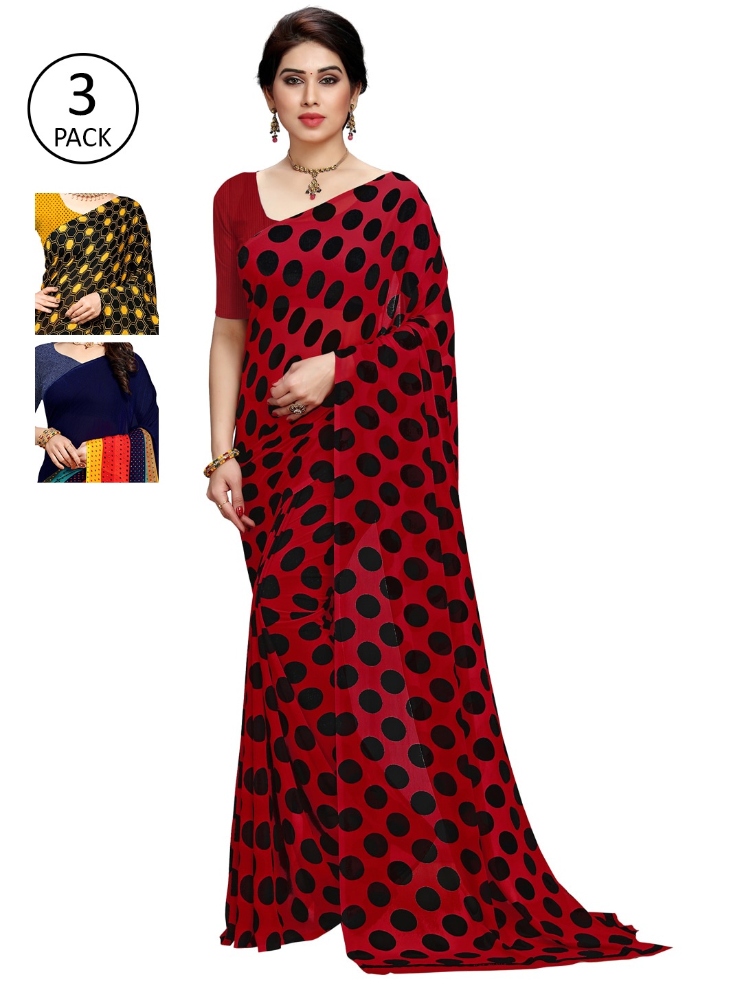 

KALINI Pack of 3 Printed Saree, Navy blue