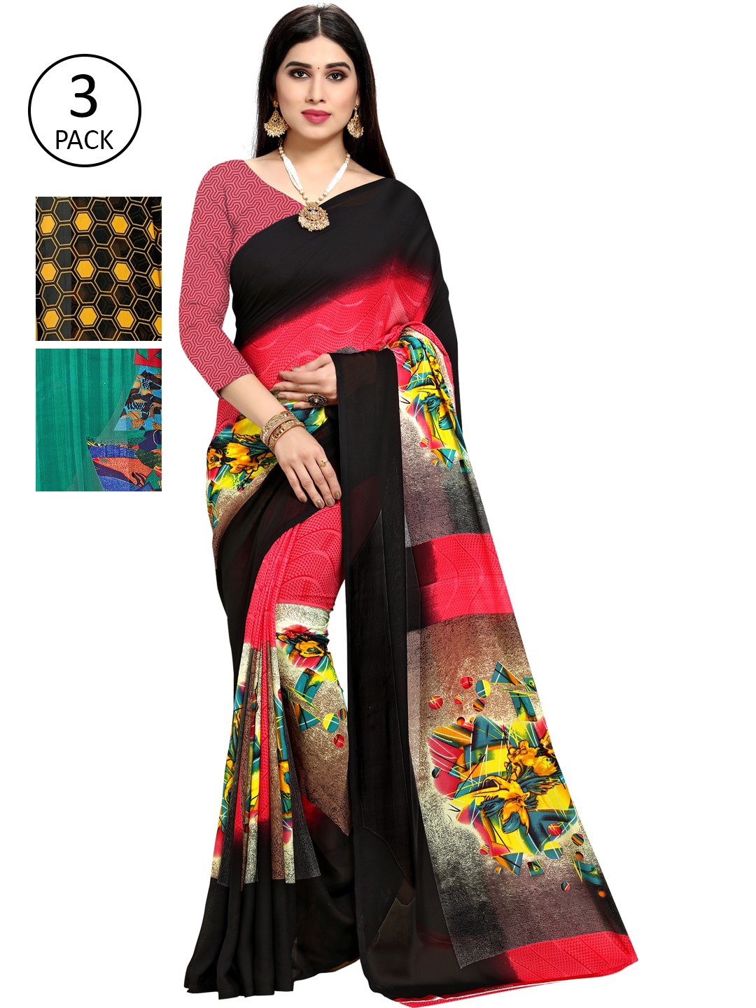 

KALINI Pack Of 3 Poly Georgette Sarees, Black