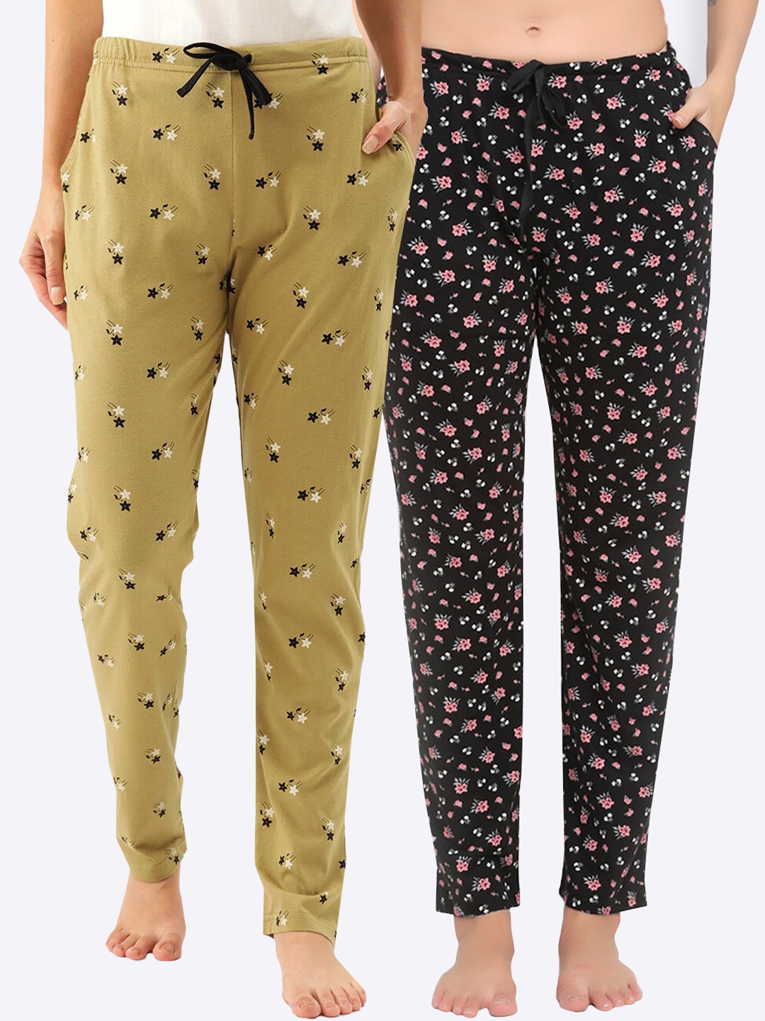 

Kanvin Women Pack Of 2 Printed Pure Cotton Lounge Pants, Black